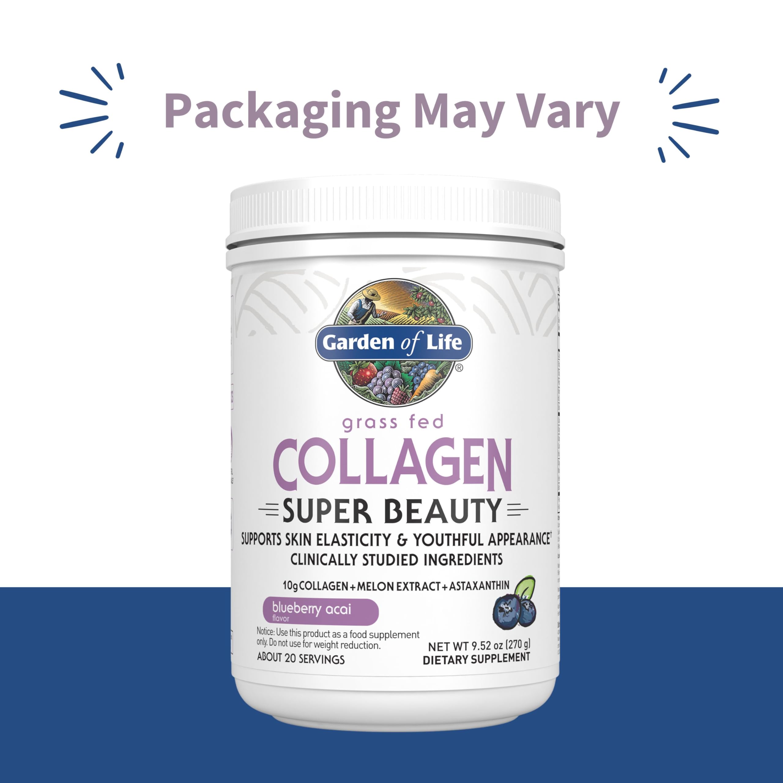 Garden of Life Grass Fed Collagen Super Beauty Powder – Blueberry Acai, 20 Servings