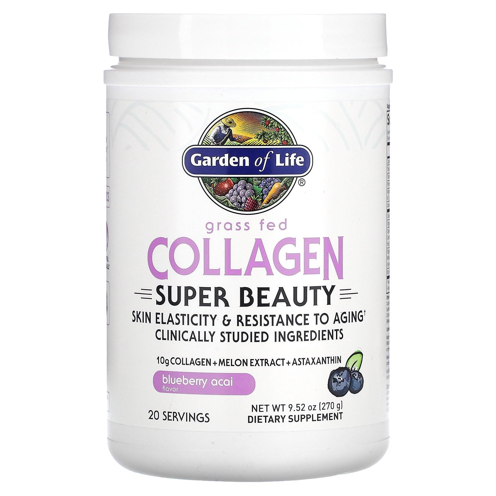 Garden of Life Grass Fed Collagen Super Beauty Powder – Blueberry Acai, 20 Servings