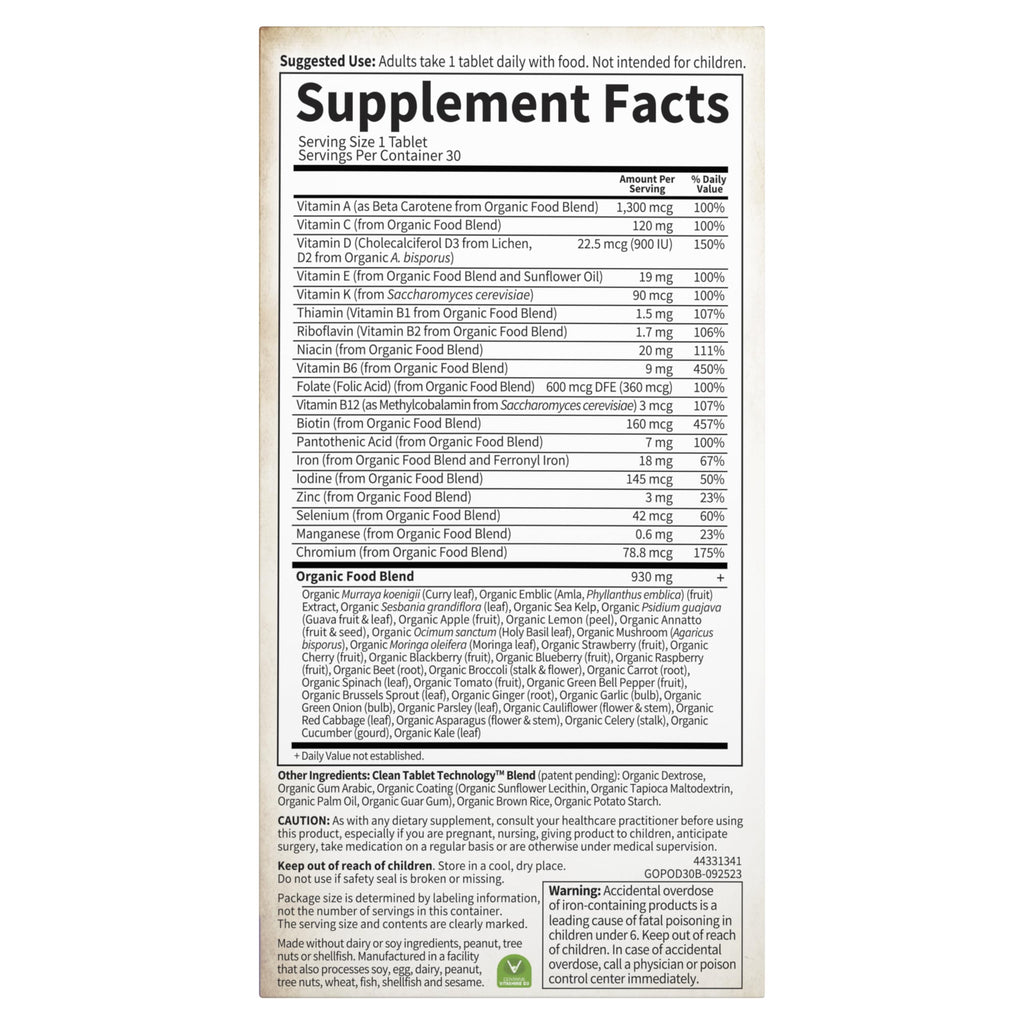 Garden of Life Organics Prenatal Vitamin – Organic, Non-GMO, Gluten-Free, Vegan Prenatal Multivitamin | Folate, Iron, D3, B6, B12, C | 30 Day Supply