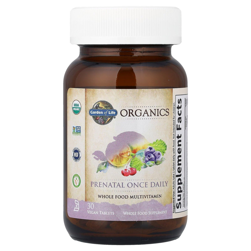 Garden of Life Organics Prenatal Vitamin – Organic, Non-GMO, Gluten-Free, Vegan Prenatal Multivitamin | Folate, Iron, D3, B6, B12, C | 30 Day Supply