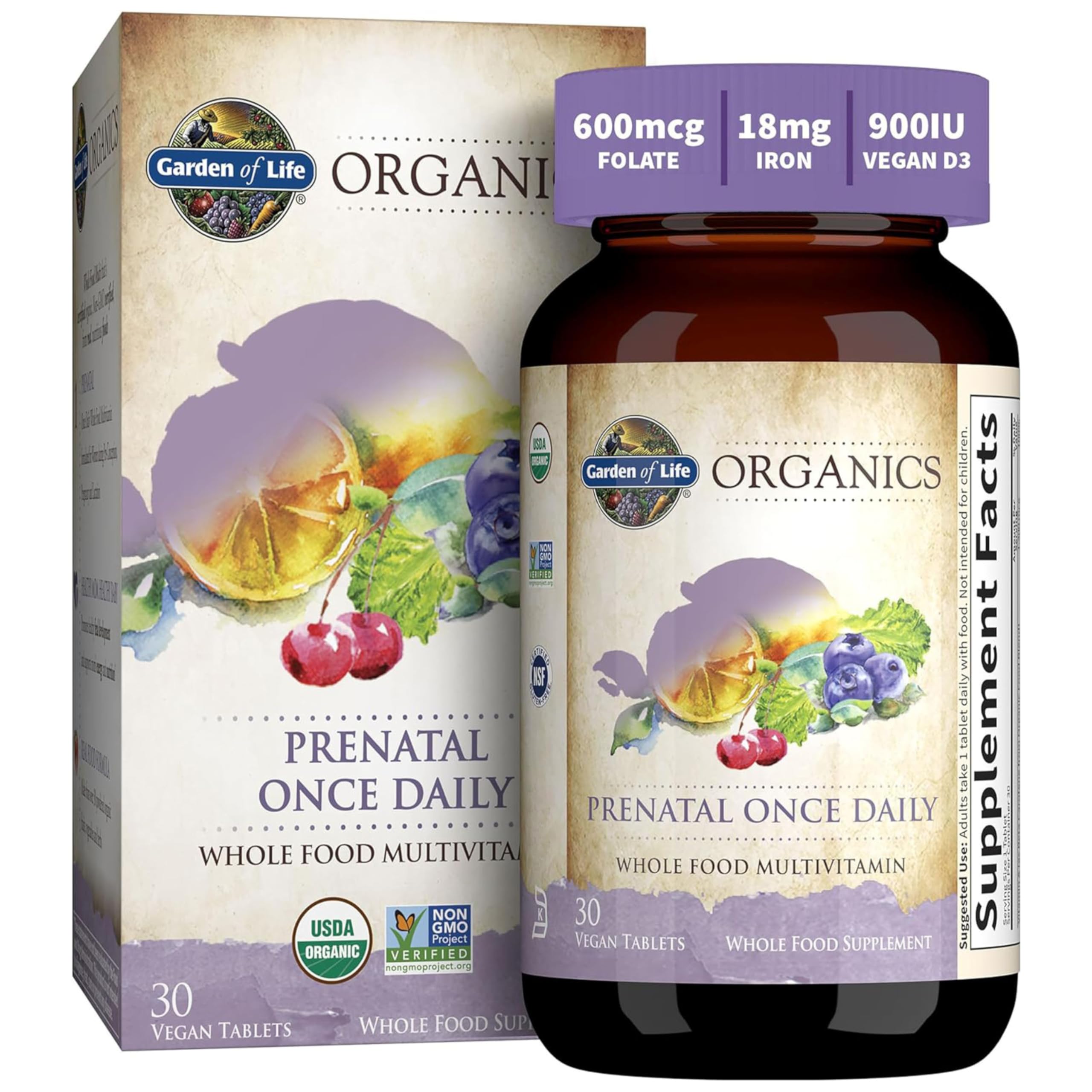 Garden of Life Organics Prenatal Vitamin – Organic, Non-GMO, Gluten-Free, Vegan Prenatal Multivitamin | Folate, Iron, D3, B6, B12, C | 30 Day Supply