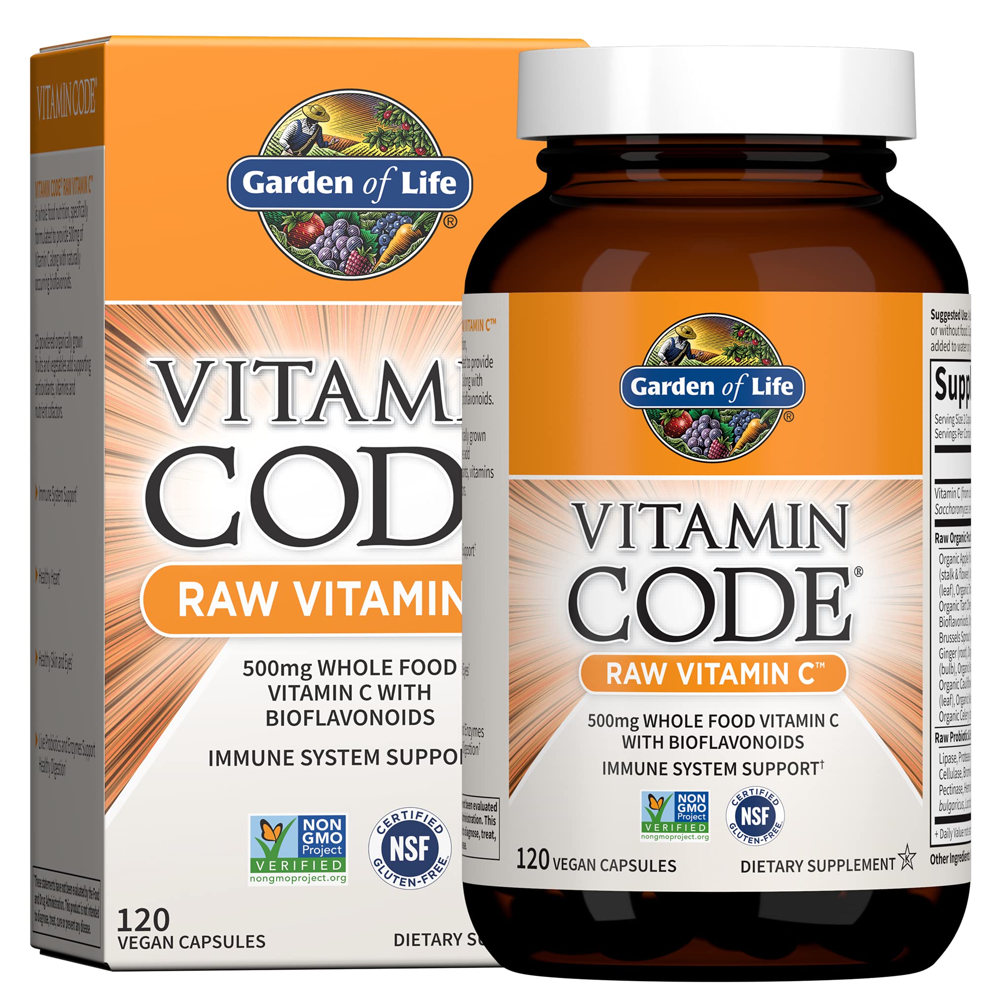Garden of Life Vitamin Code Raw Vitamin C – 120 Caps, 500mg Whole Food Vitamin C with Probiotics | Vegan, Gluten Free
