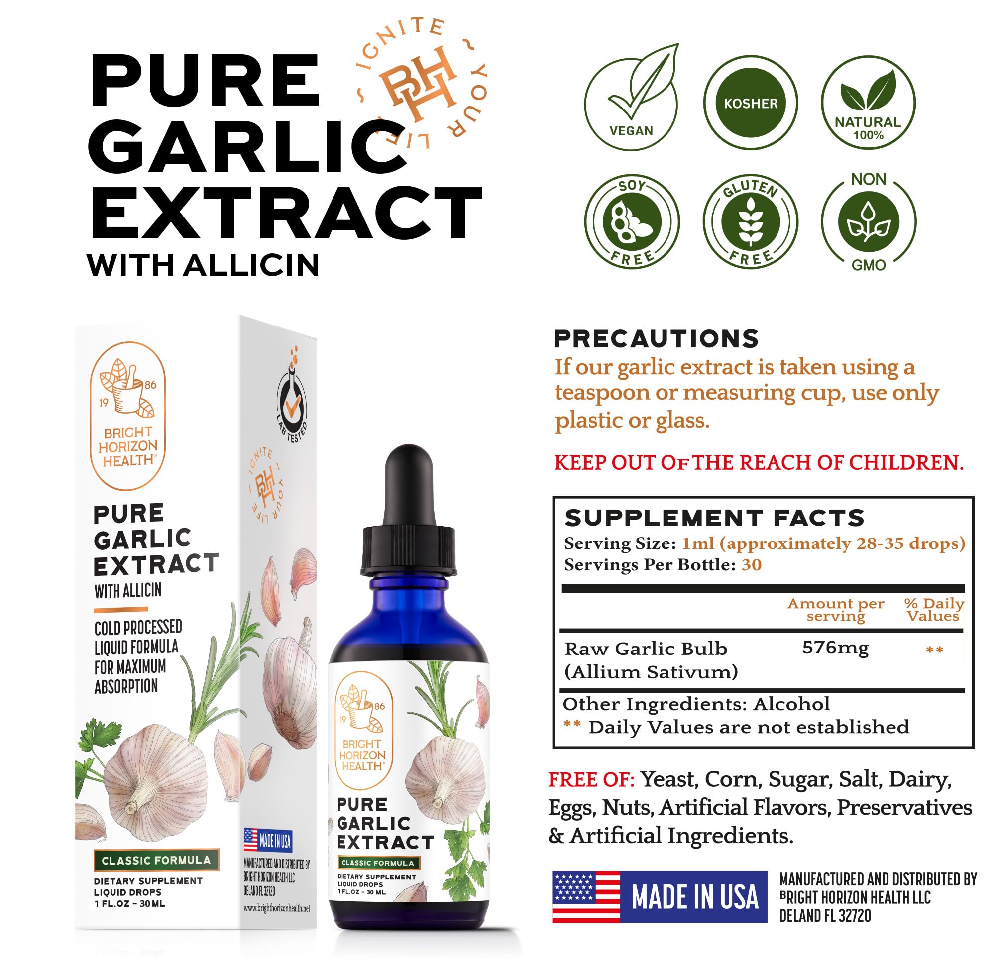 Bright Horizon Health Garlic Extract with Allicin - 1 fl oz Dropper, Vegan, Non-GMO