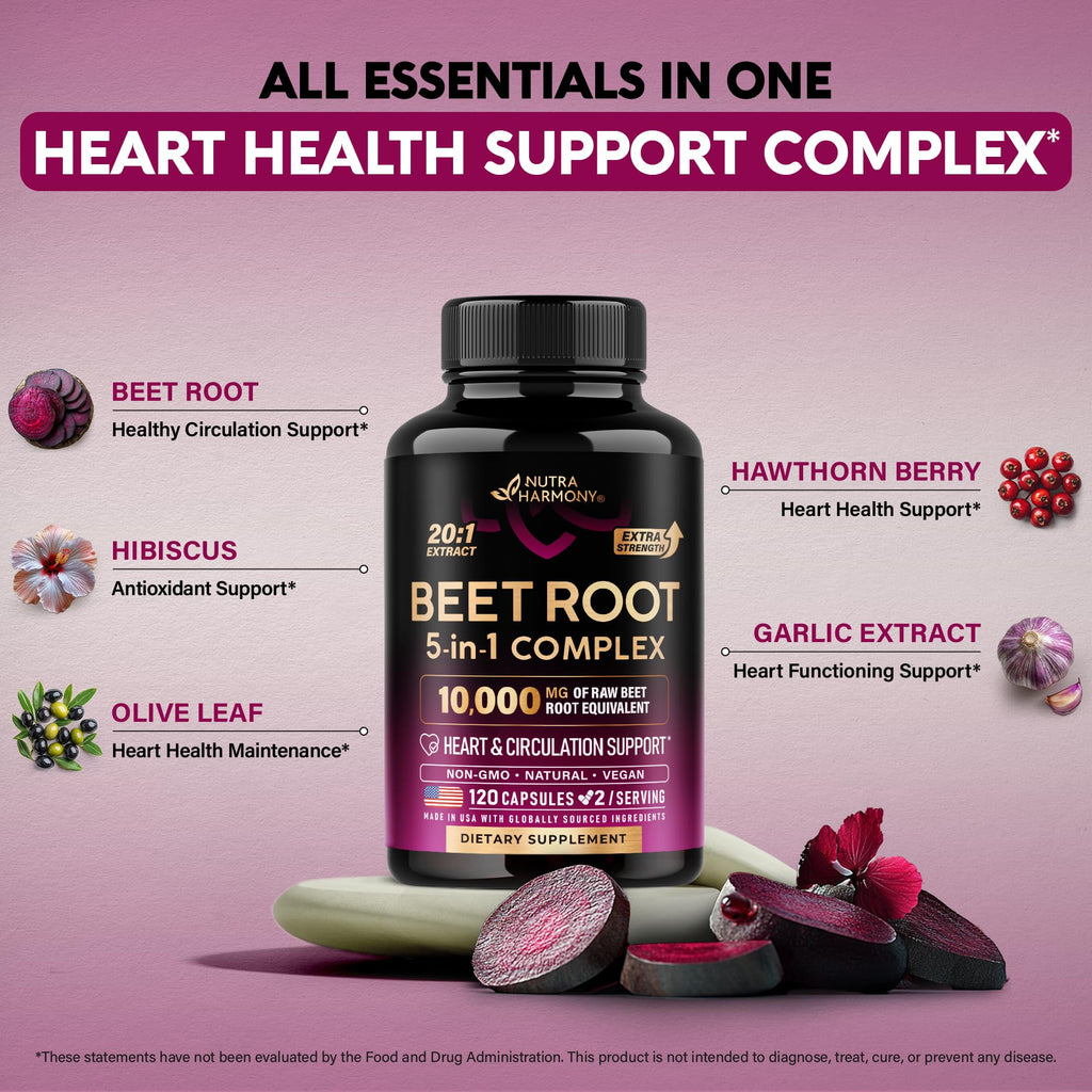 Beet Root Capsules - Heart Health & Blood Pressure Support | Hawthorn Berry, Hibiscus & Garlic - USA Made, 120 Capsules