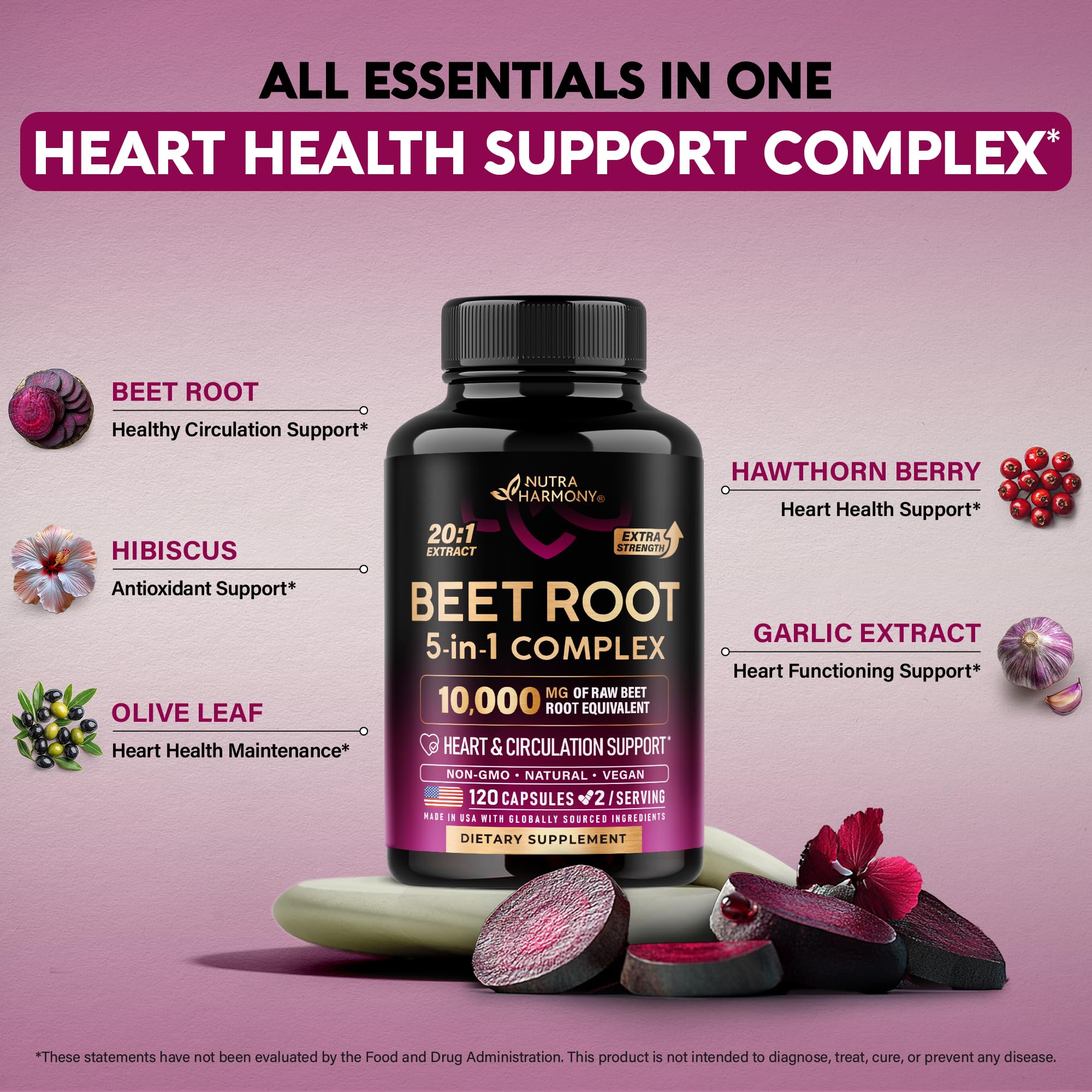Beet Root Capsules - Heart Health & Blood Pressure Support | Hawthorn Berry, Hibiscus & Garlic - USA Made, 120 Capsules