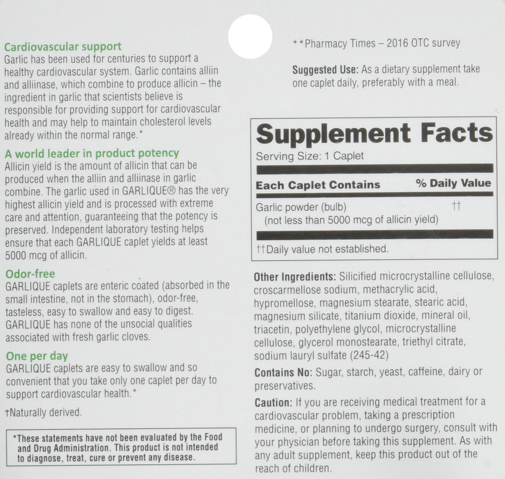 Garlique Dietary Supplement Caplets, 60 - Odor-Free Garlic for Heart Health