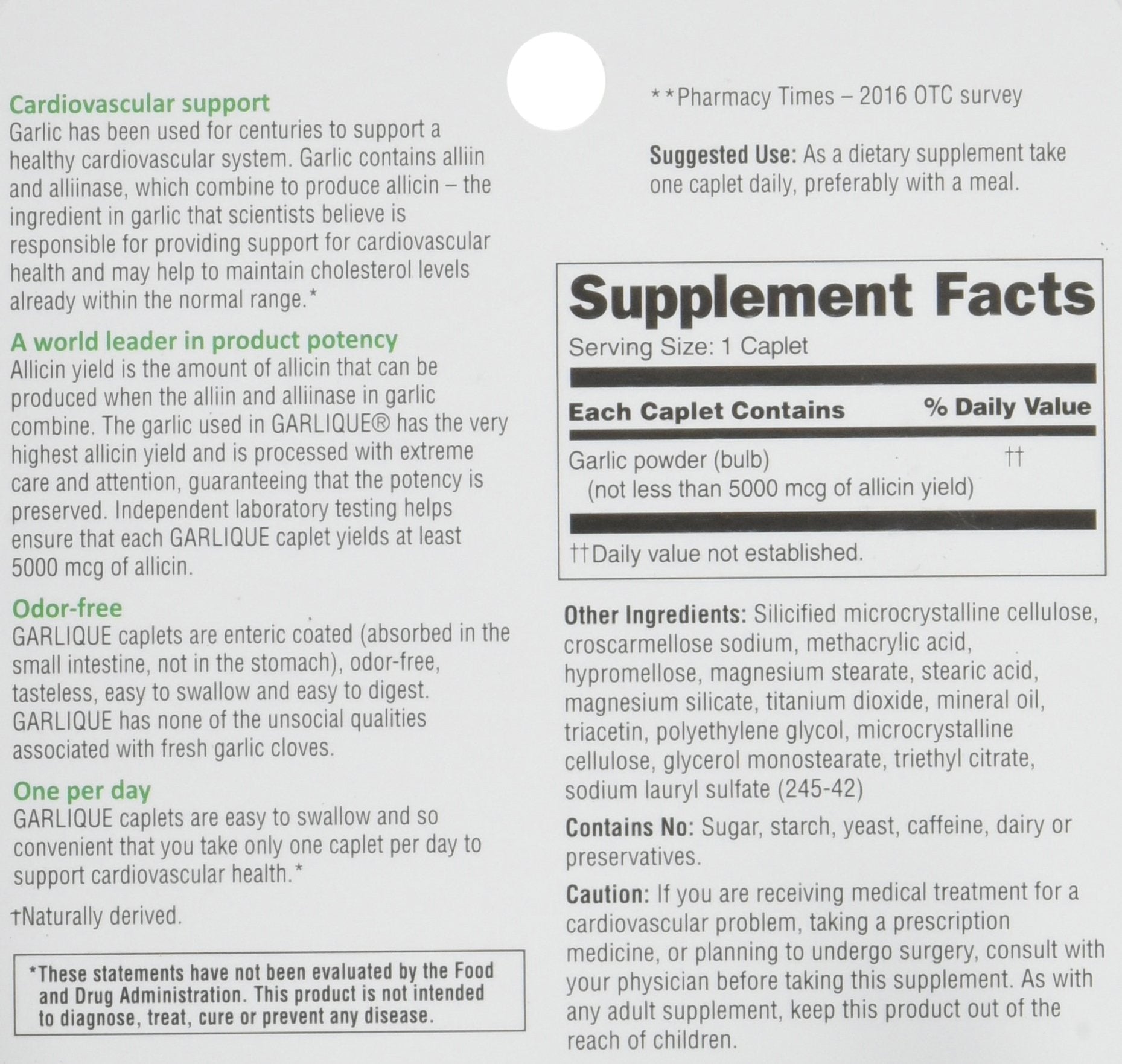 Garlique Dietary Supplement Caplets, 60 - Odor-Free Garlic for Heart Health