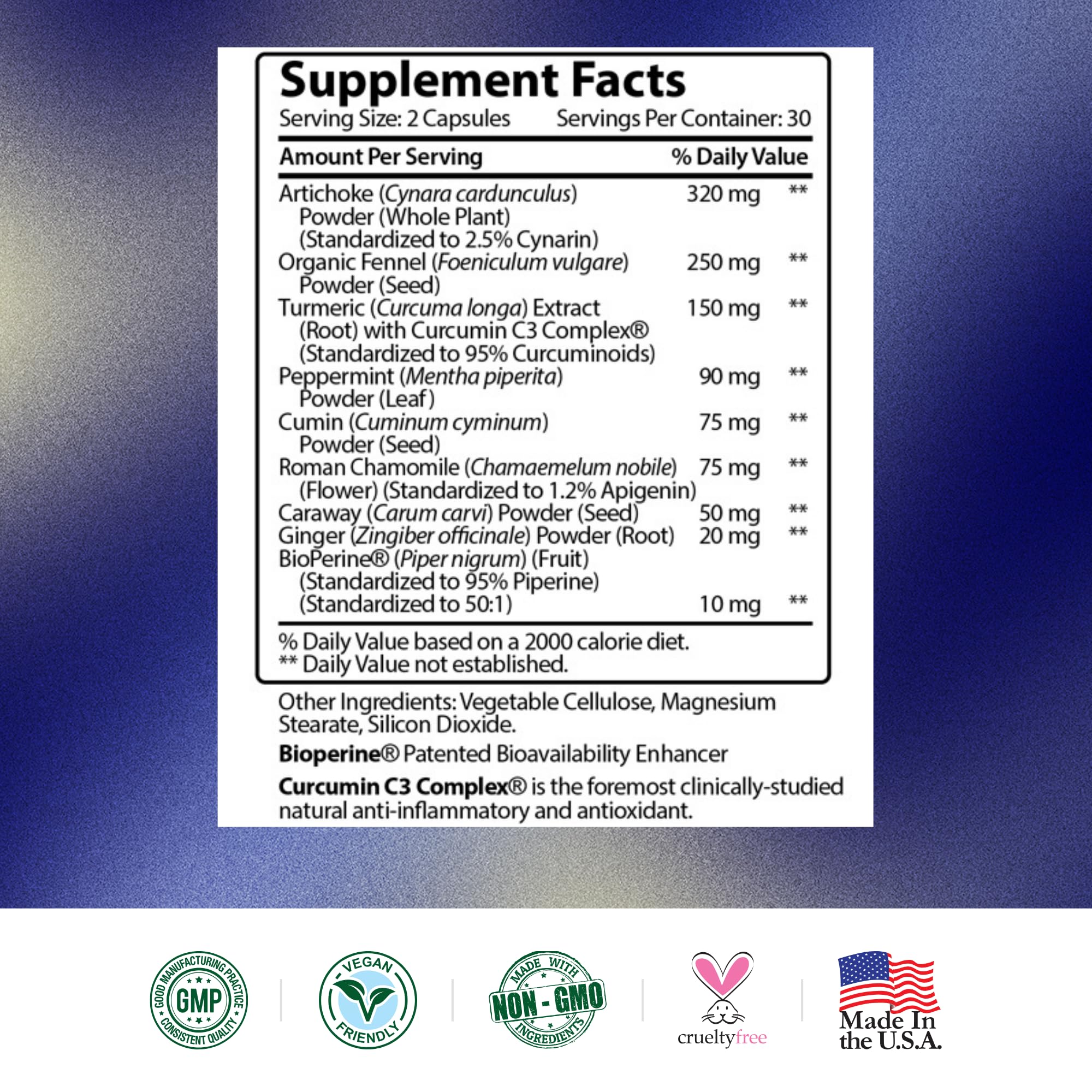 Gas & Bloating Relief - Artichoke, Ginger, Peppermint Leaf Powder - 60 Vegan Capsules | Research Verified