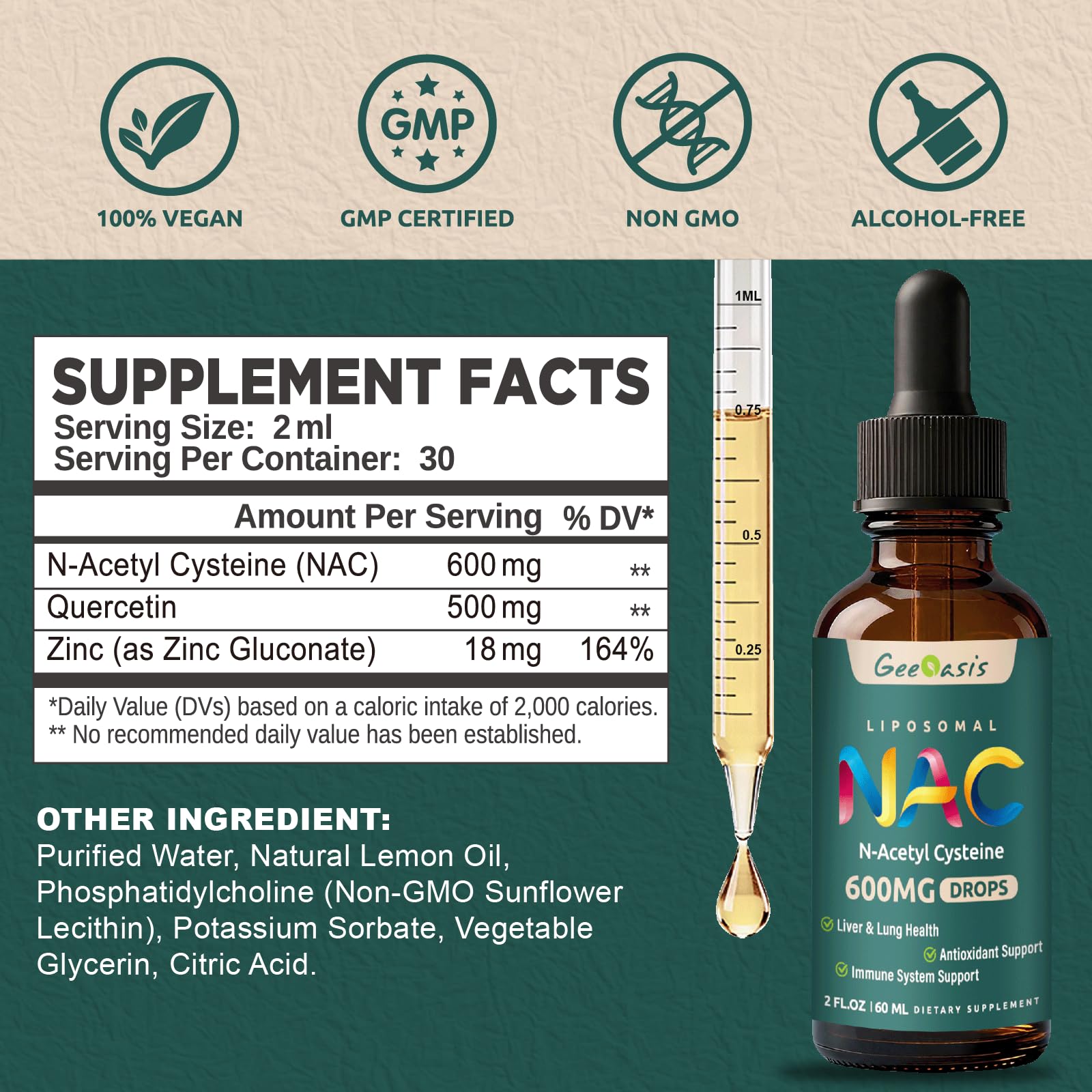 Geeoasis Liposomal NAC Drops 600 mg – N-Acetyl Cysteine with Quercetin & Zinc for Adults & Kids