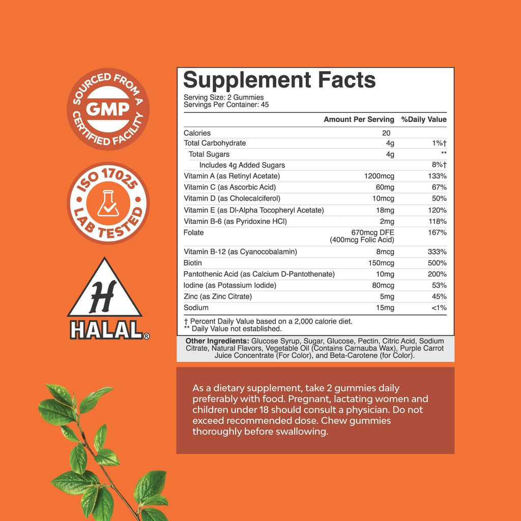Halal Multivitamin Gummies for Adults - Gelatin-Free, Non-GMO, 90 Count