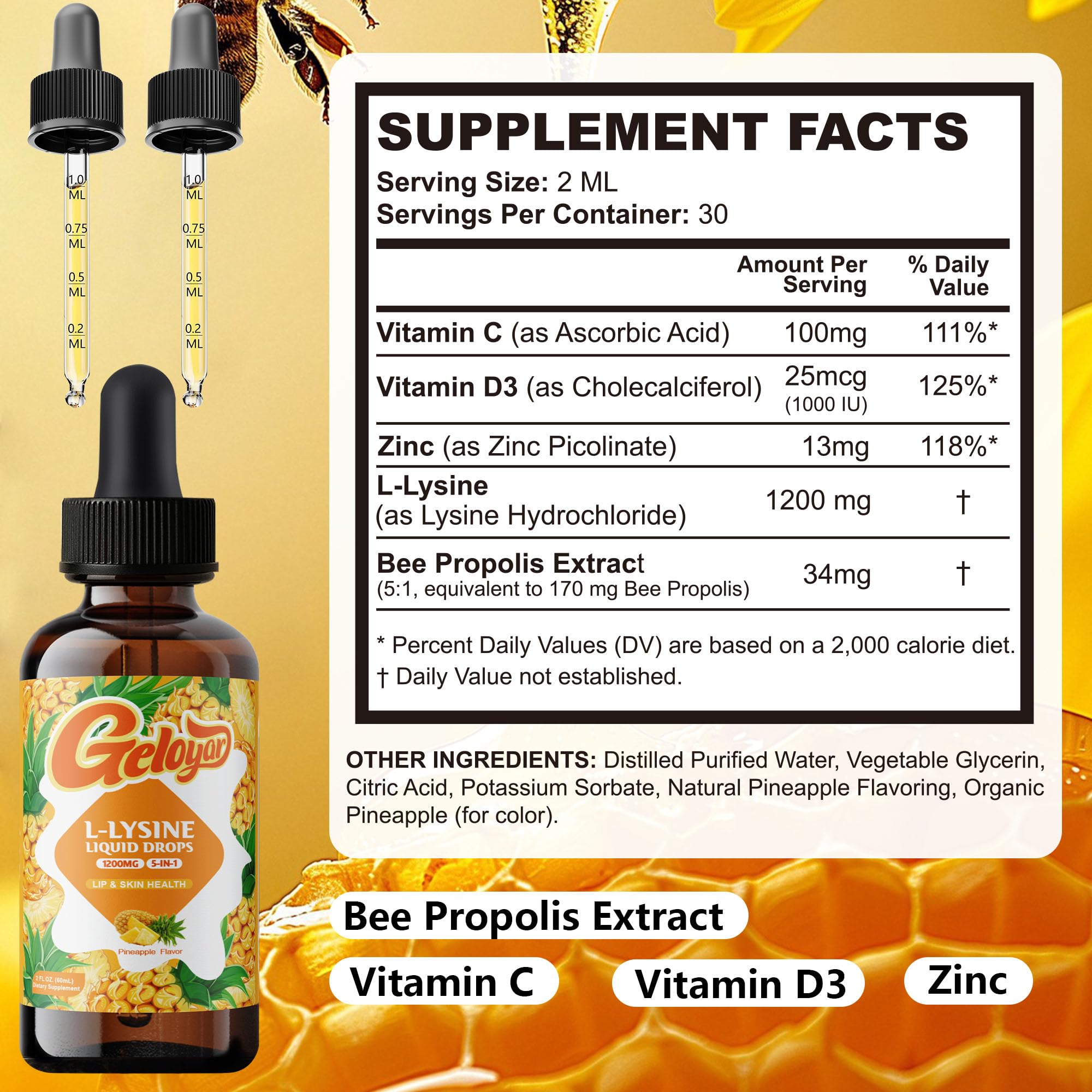 Geloyar L-Lysine Liquid Drops – 1200mg Lysine for Cold Sore, Lip Health & Immune Support | Vegan, 2 fl oz