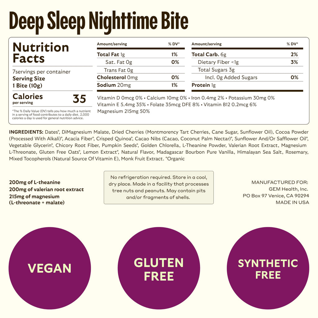 GEM Sleep Aid, Nighttime Bite, 7 Pack, Melatonin Free, L-Theanine, Magnesium, Valerian Root Extract | Vegan and Gluten Free | Earthy Chocolate Cherry, Trial Size