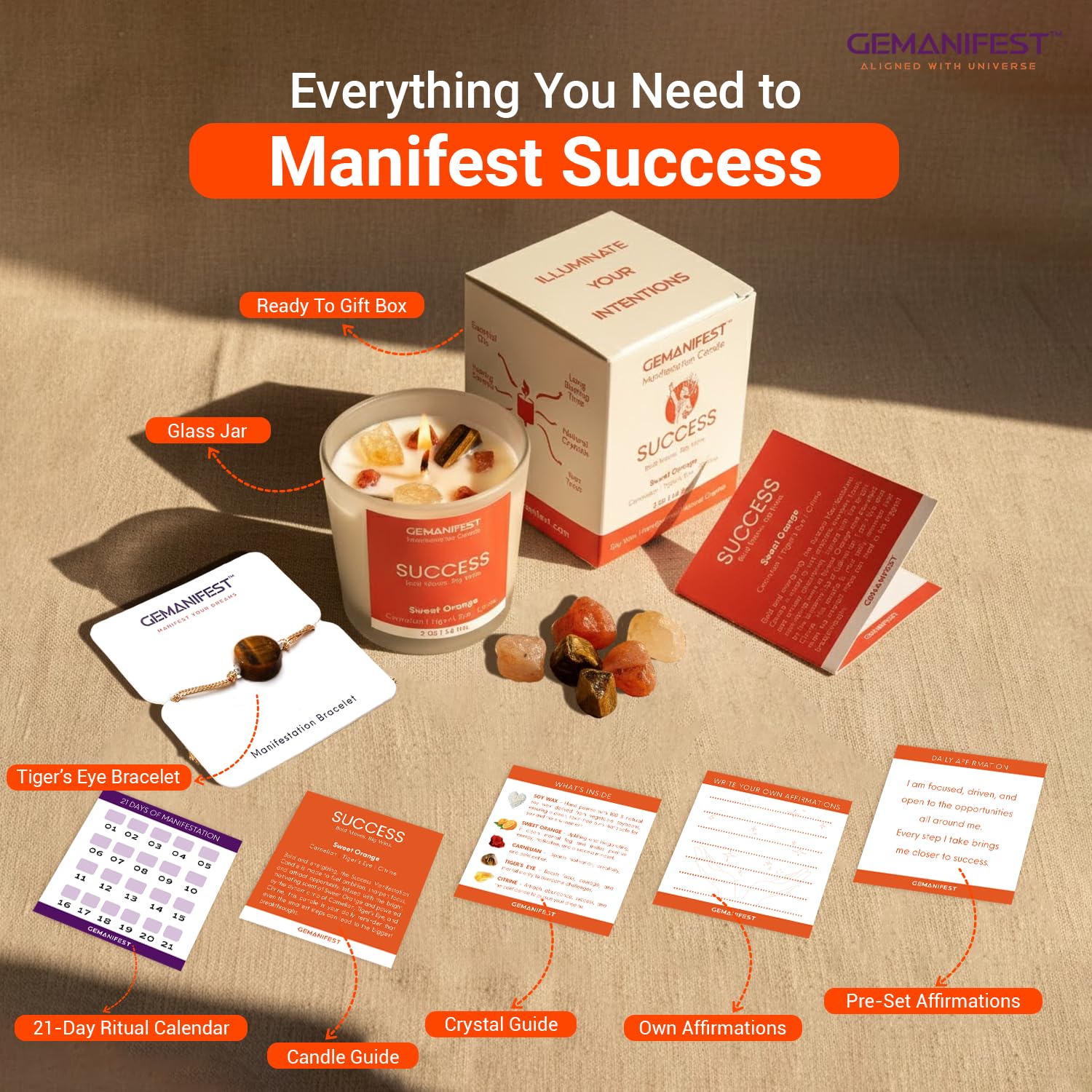 Gemanifest Success Manifestation Crystal Candle with Tiger's Eye Bracelet – Orange Scented Soy Wax for Career, Exams & Interviews