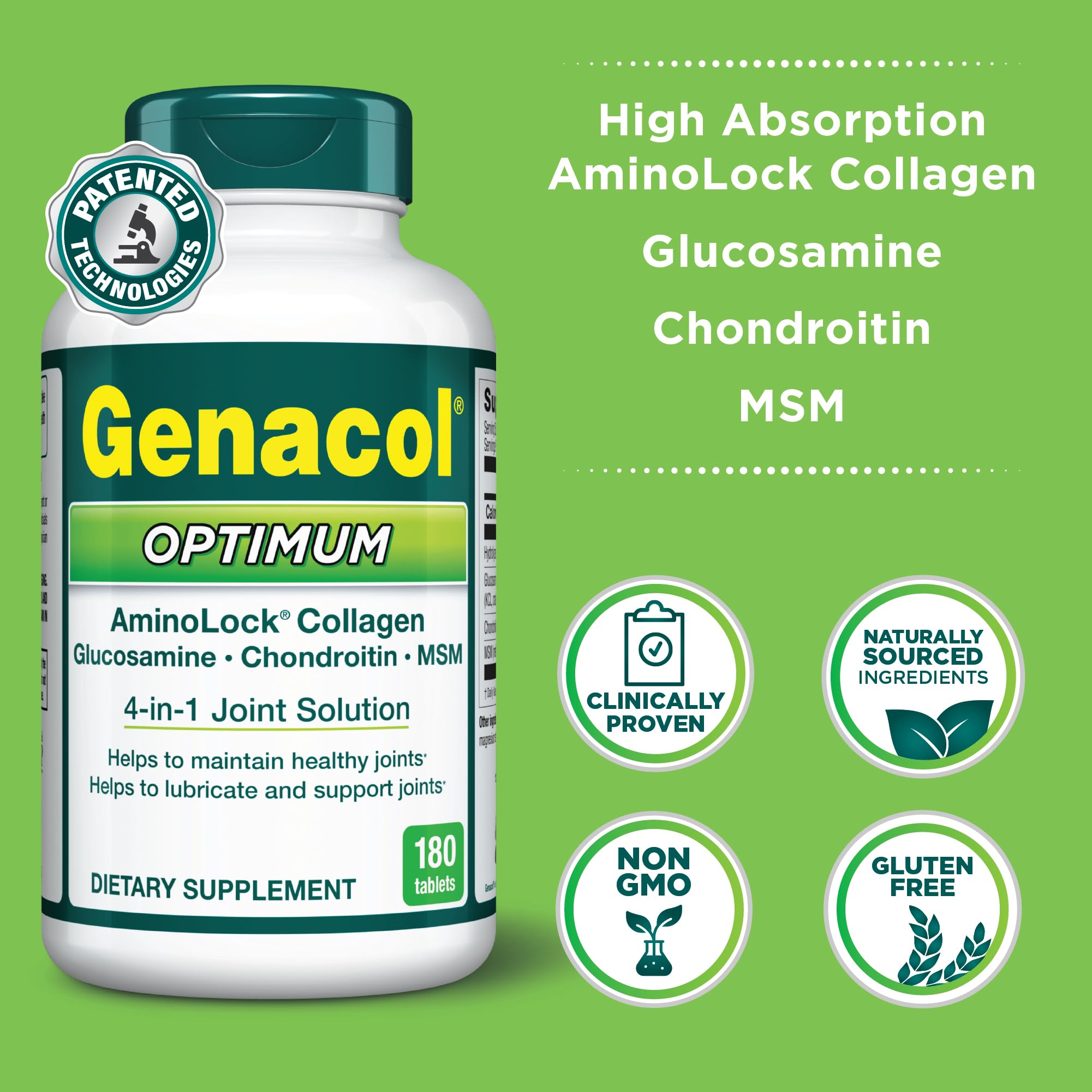 Genacol Optimum: Joint Support Tablets with Glucosamine, Chondroitin, MSM & Ultra-Hydrolyzed Collagen - 180 Count