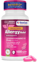 GenCare Allergy Relief Medicine – Bulk 1000 Count | Diphenhydramine 25mg for Adults