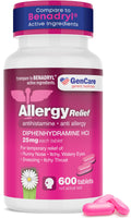 GenCare Allergy Relief Medicine – 600-Count Diphenhydramine 25mg for Adults