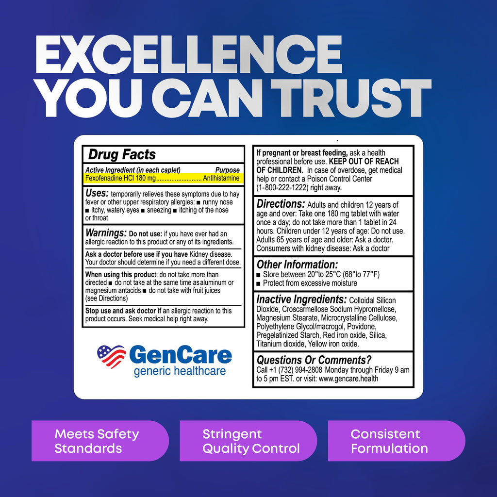 GenCare Allergy Relief Pills | Fexofenadine HCl 180 mg – 50 Tablets | Non-Drowsy 24-Hour Hay Fever Relief