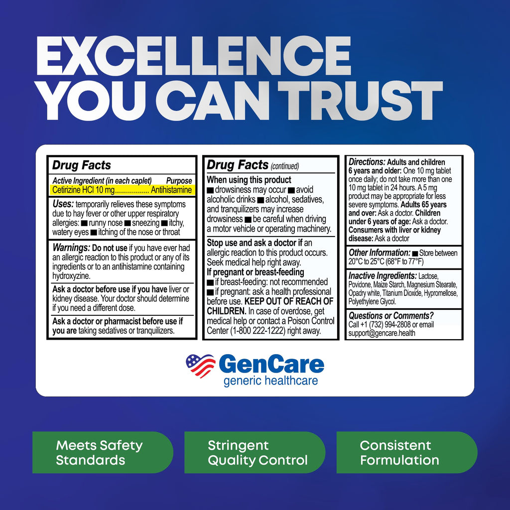 GenCare Cetirizine HCL 10 mg - 200 Caplets, 24 Hour Non-Drowsy Allergy Relief (Generic Zyrtec)