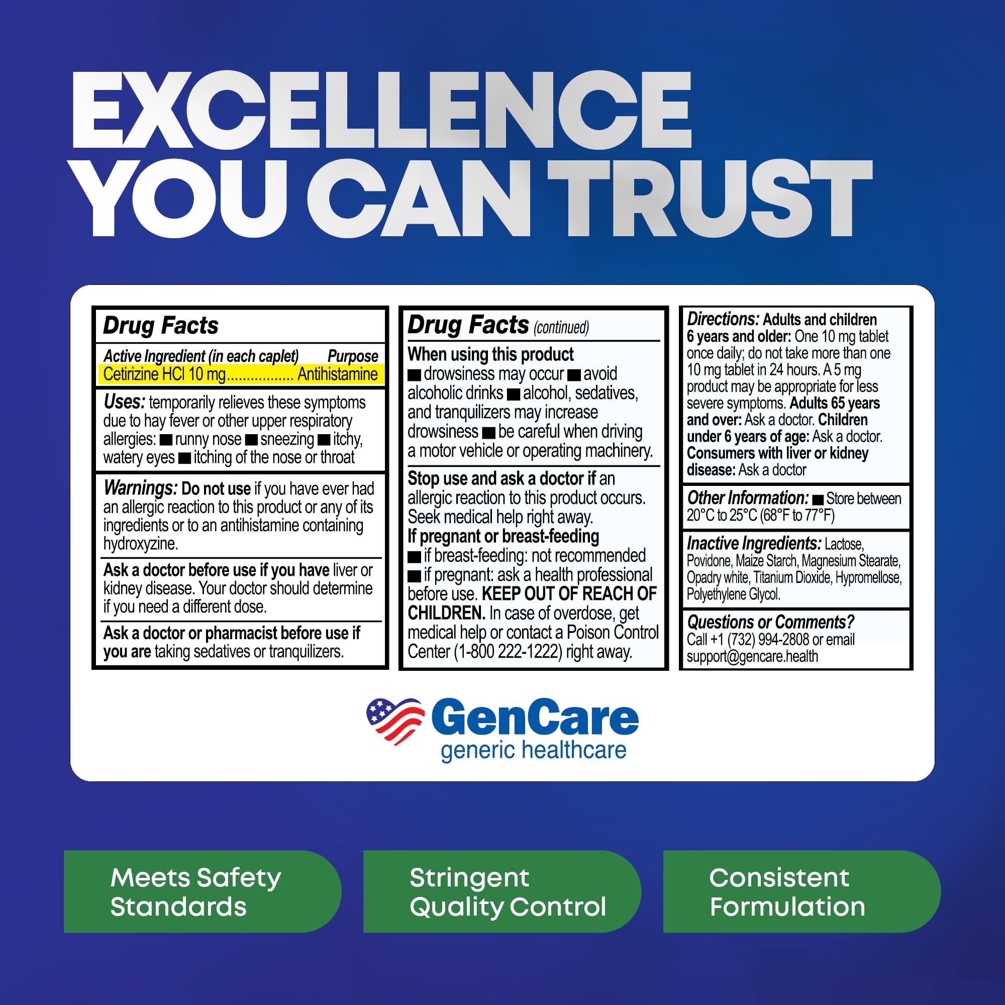 GenCare Cetirizine HCL 10 mg - 200 Caplets, 24 Hour Non-Drowsy Allergy Relief (Generic Zyrtec)