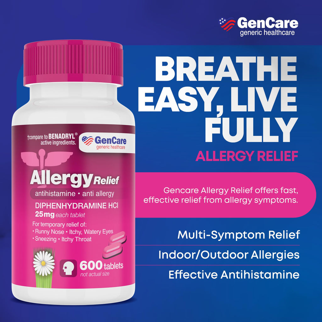 GenCare Allergy Relief Medicine – 600-Count Diphenhydramine 25mg for Adults