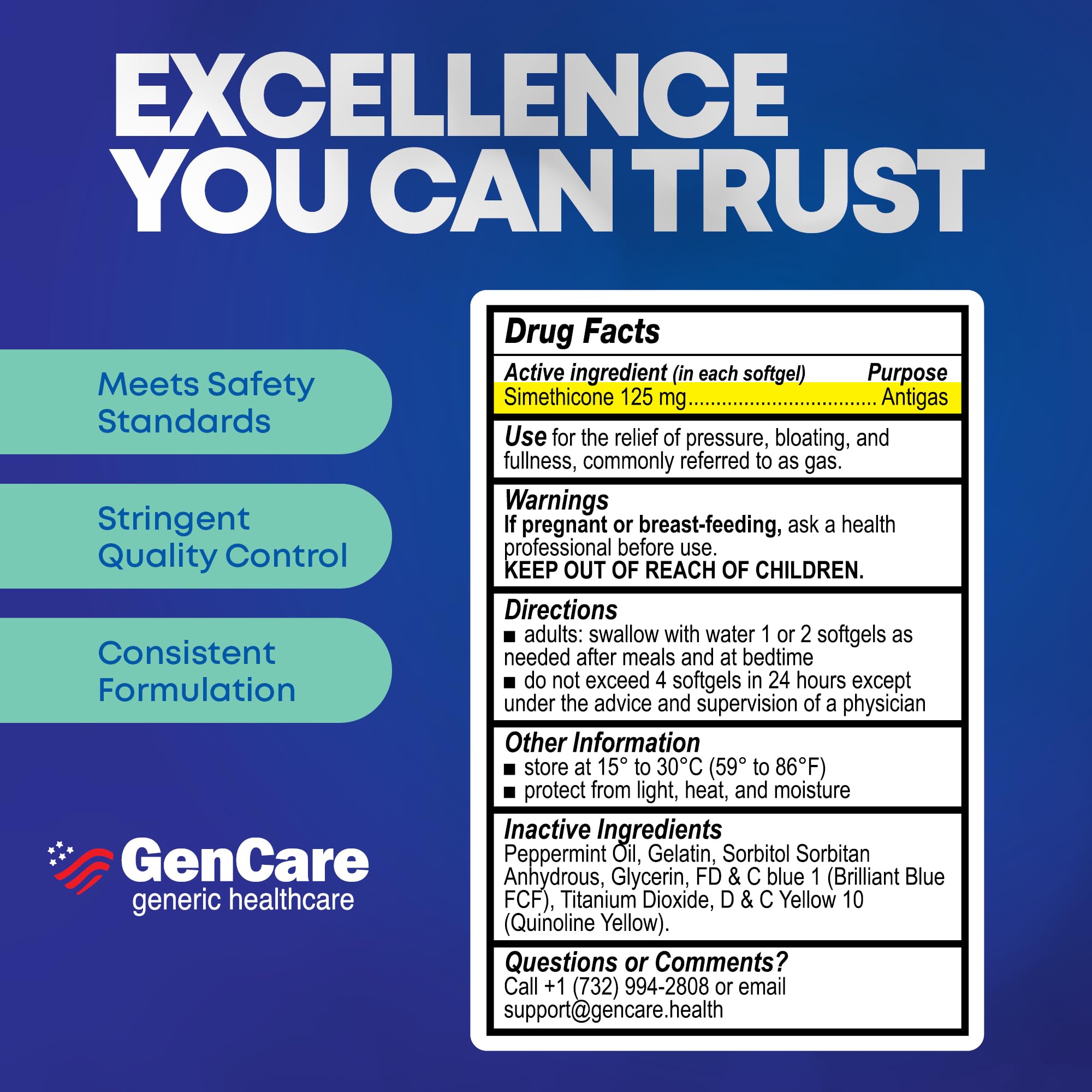 GenCare Extra Strength Gas Relief 125mg – 180 Softgels | Fast Bloating Relief (Compare to Gas X)