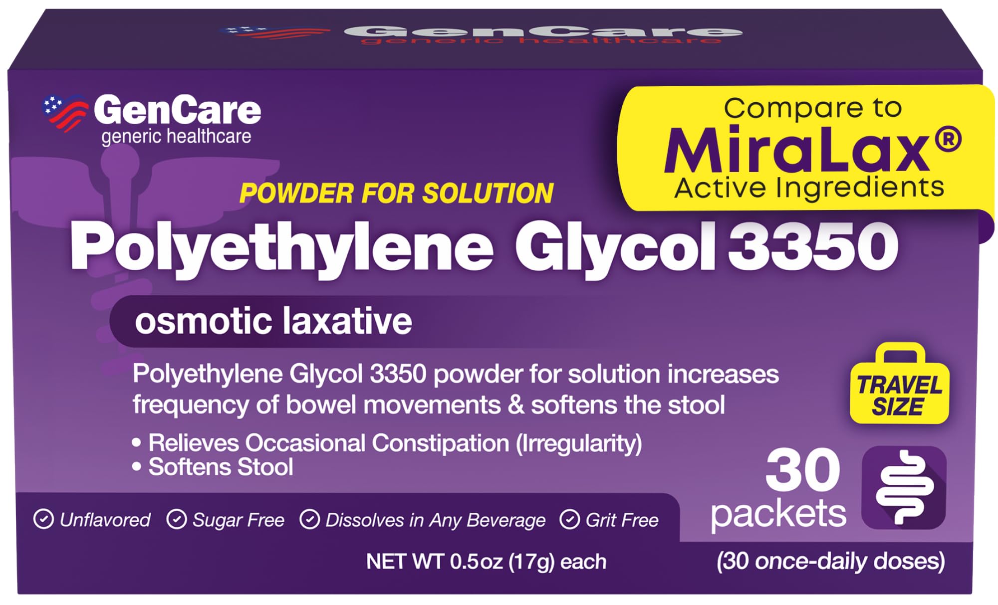 GenCare Polyethylene Glycol 3350 Powder – 30 Travel Packets for Gentle Occasional Constipation Relief