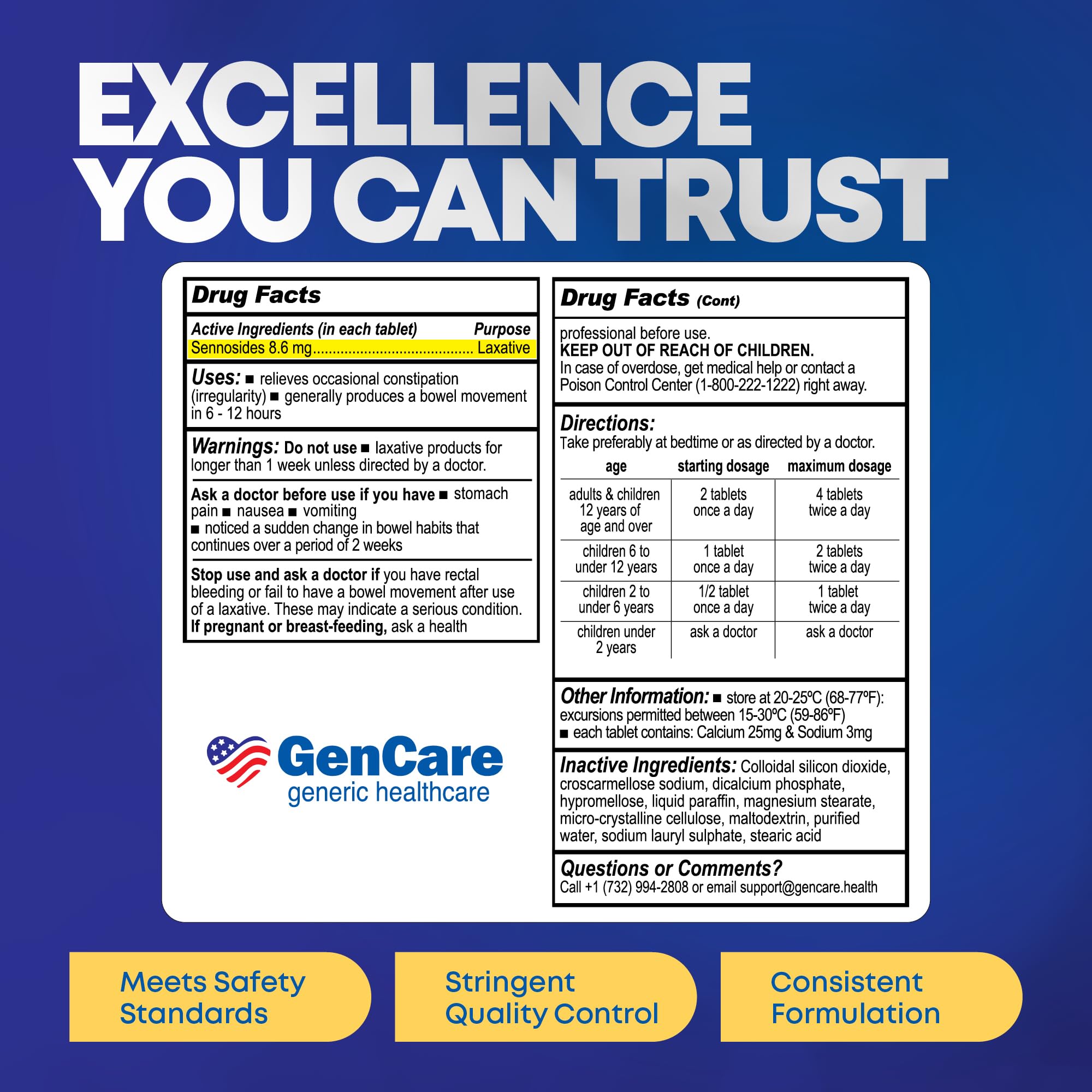 GenCare Senna Laxative 600-Count Bulk Bottle | 8.6 mg Senna Tablets for Occasional Constipation