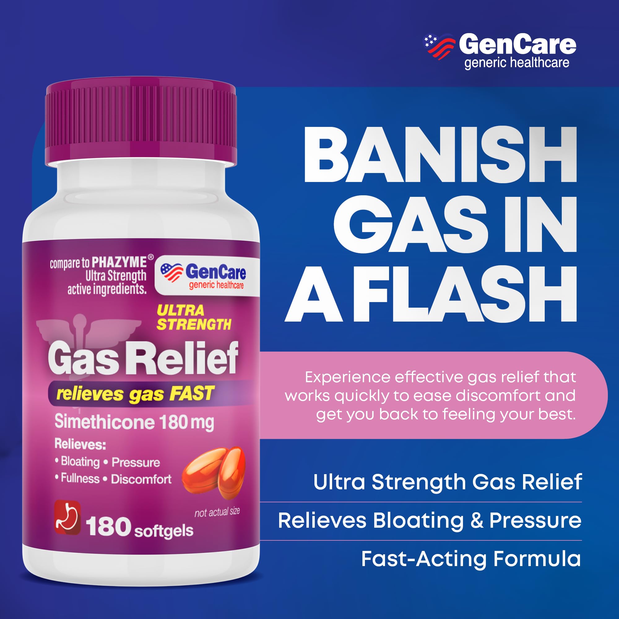 GenCare Ultra Strength Simethicone Gas Relief 180 mg (180 Softgels) | Fast Gas Relief and Bloating Support
