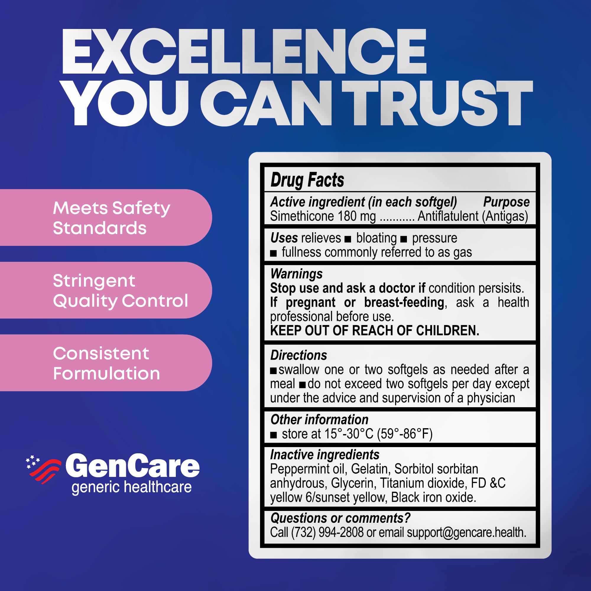 GenCare Ultra Strength Simethicone Gas Relief 180 mg (180 Softgels) | Fast Gas Relief and Bloating Support