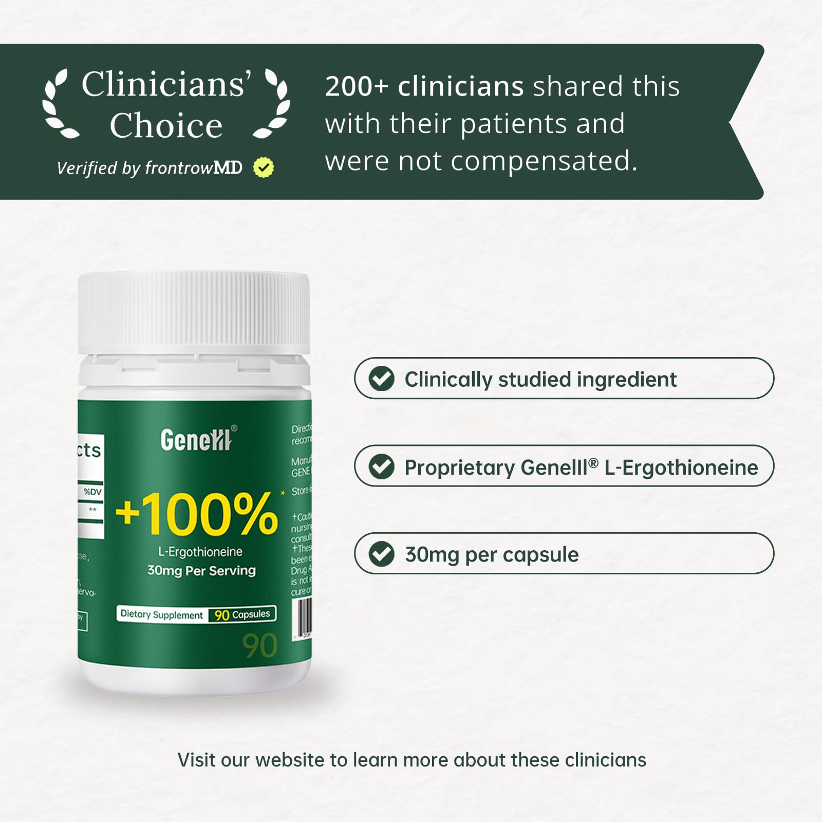 GENEIII L-Ergothioneine Supplement – 30 mg per Serving, 90 Servings | Immune & Brain Support