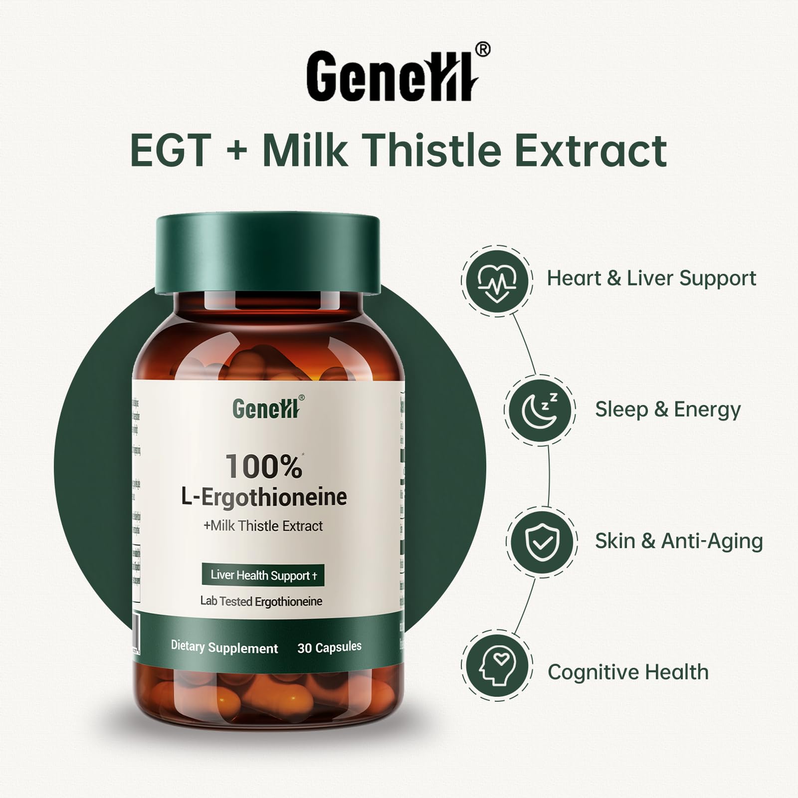 GENEIII Milk Thistle + L-Ergothioneine – Liver & Cellular Health Support | 30mg Ergothioneine | Vegan, Non-GMO | 30 Count