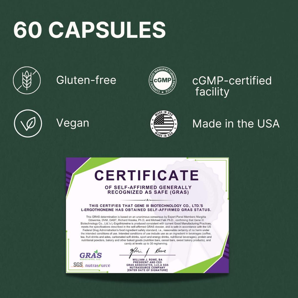 GENEIII L-Ergothioneine Supplement 30mg per Serving | 60 Servings | Lab Tested, USA Made