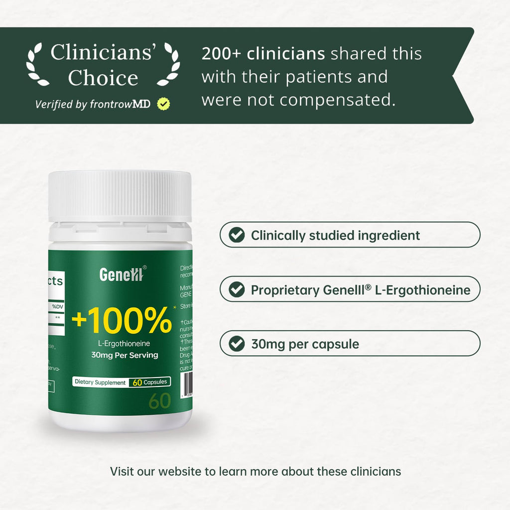 GENEIII L-Ergothioneine Supplement 30mg per Serving | 60 Servings | Lab Tested, USA Made