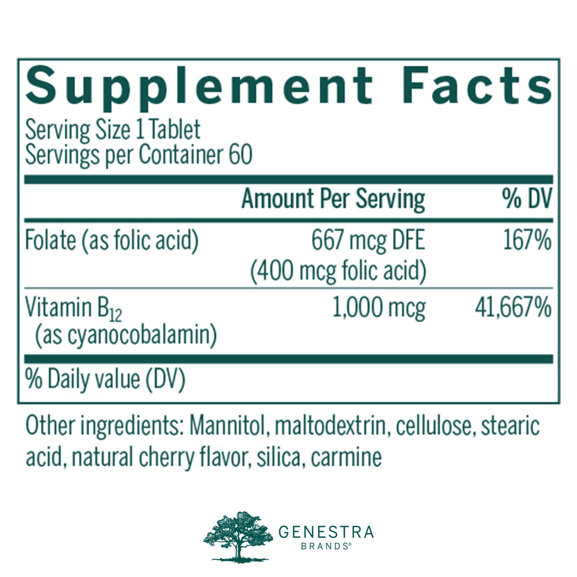 Genestra Bio B12 + Folic Acid – Vitamin B12 Supplement | 60 Chewable Tablets