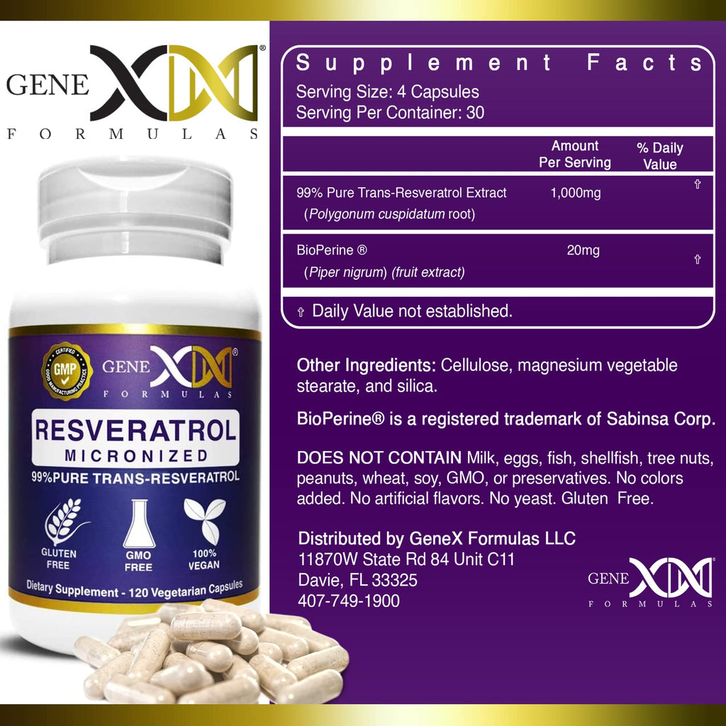 Genex Formulas Trans Resveratrol 1000mg – 120ct (4x250mg) Micronized with Bioperine | GMP & NSF Certified