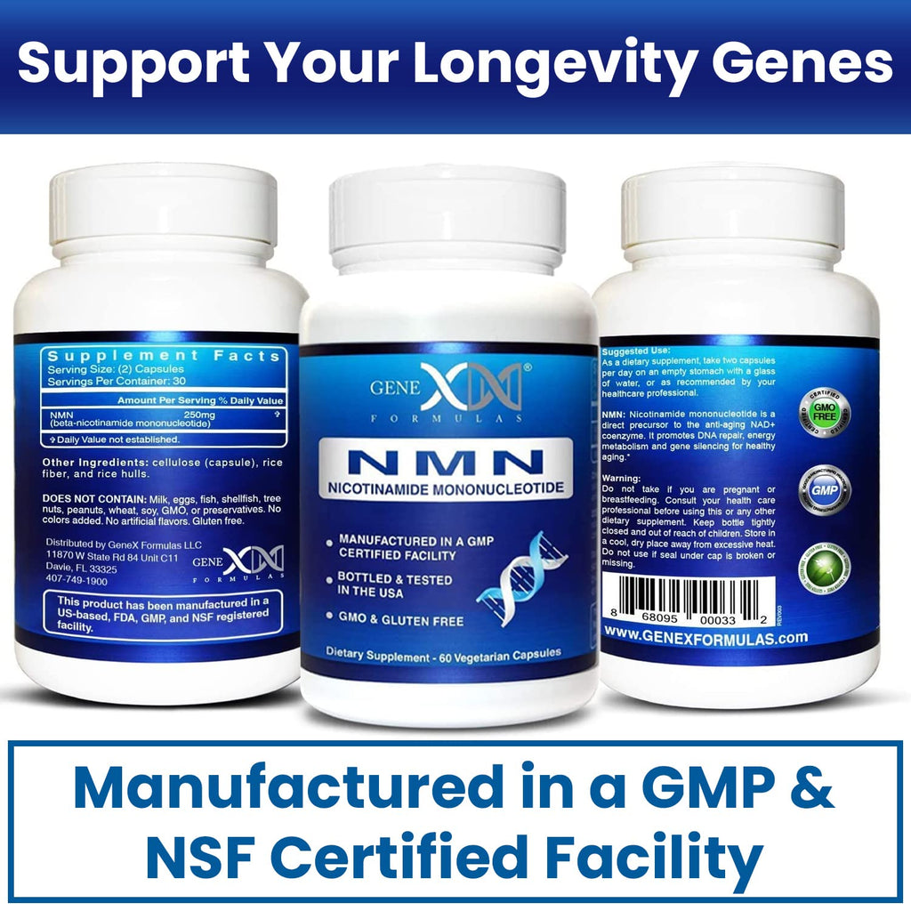 Genex Formulas NMN 250mg - 60 Capsules | 99% Pure NMN for NAD Support, DNA Repair & Healthy Aging | GMP Certified