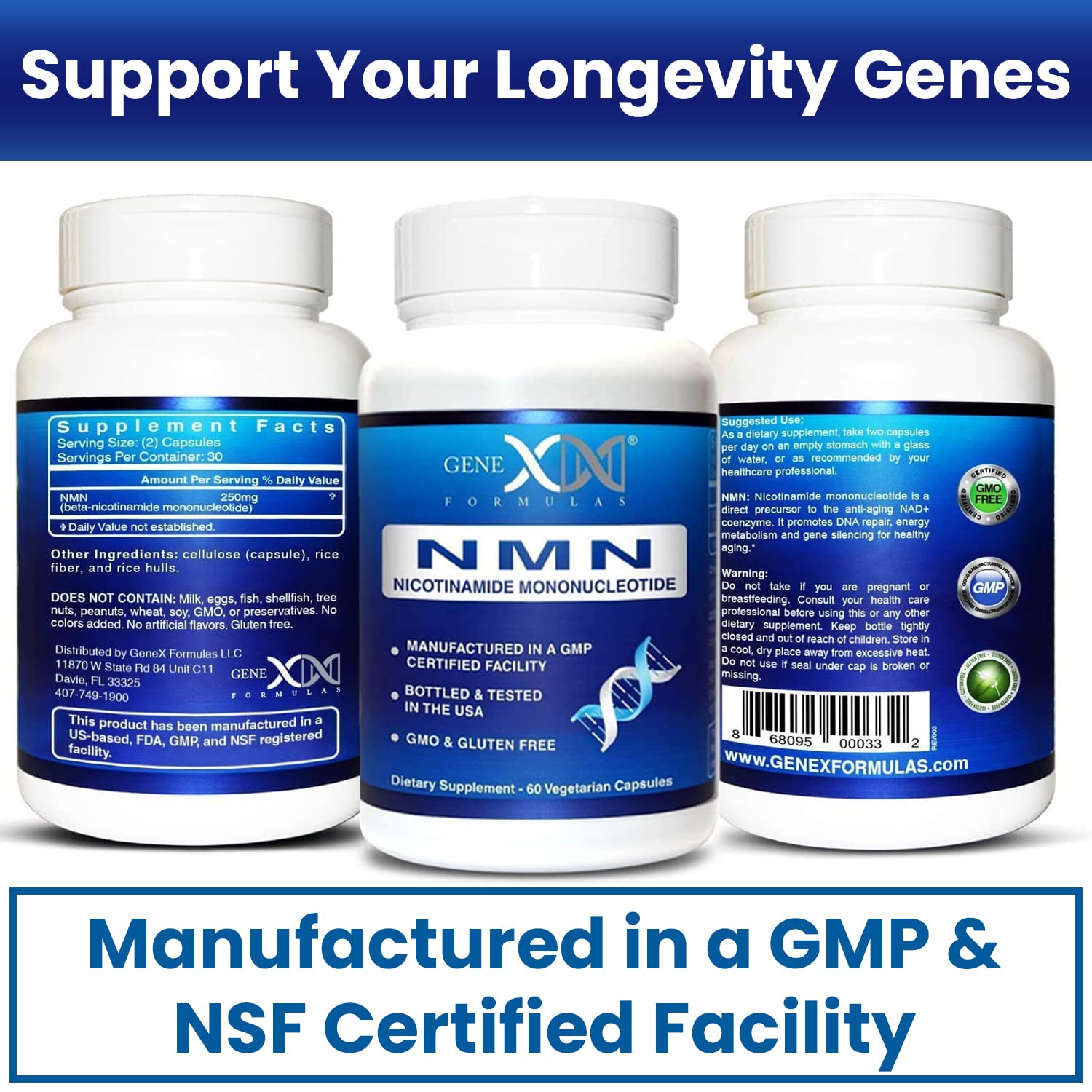 Genex Formulas NMN 250mg - 60 Capsules | 99% Pure NMN for NAD Support, DNA Repair & Healthy Aging | GMP Certified