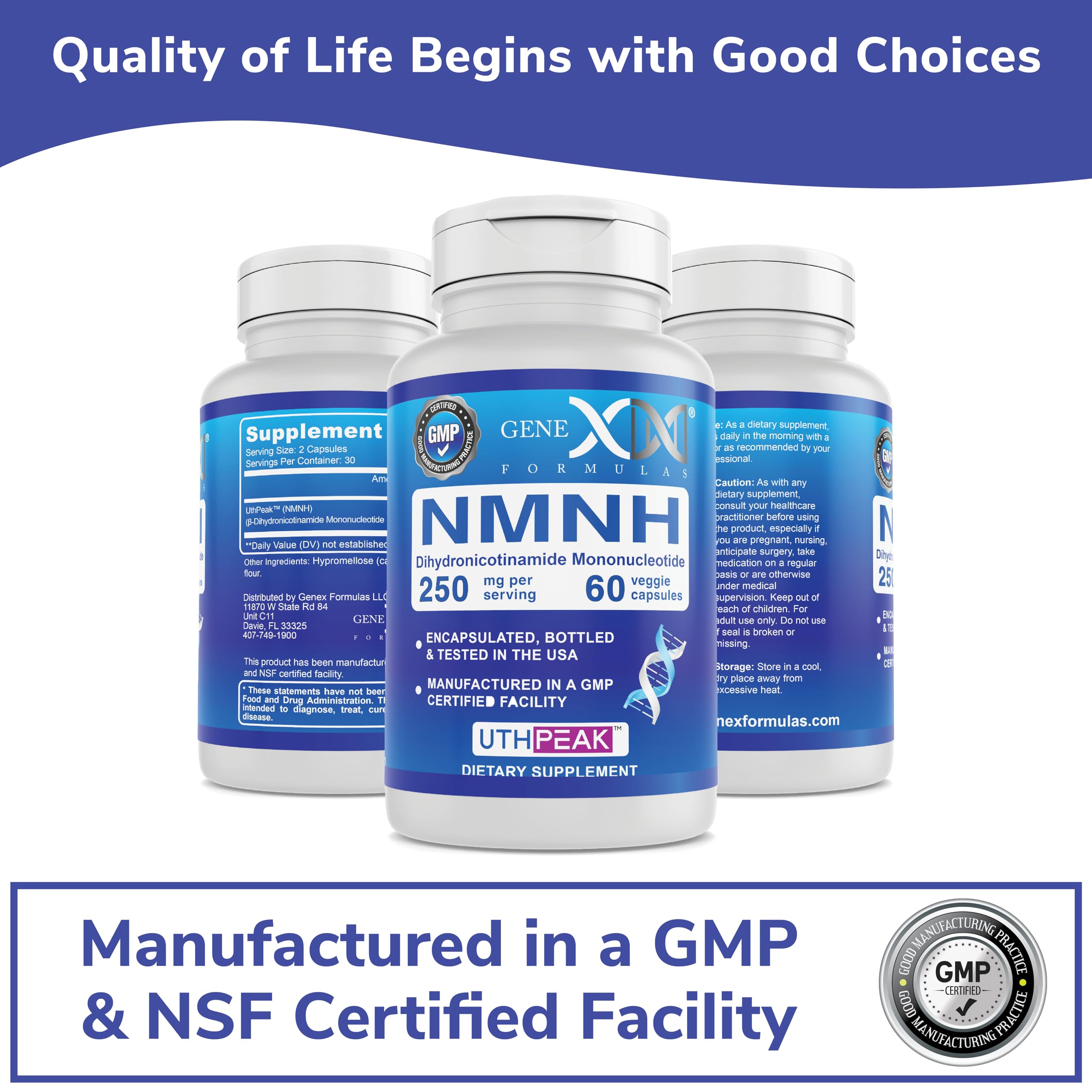 Genex Formulas 250mg NMNH (60 Capsules - 30 Servings) | Uthpeak™ NMNH (Dihydronicotinamide Mononucleotide) NAD+ Precursor for Healthy Aging - Non-GMO, Gluten-Free, Vegetarian