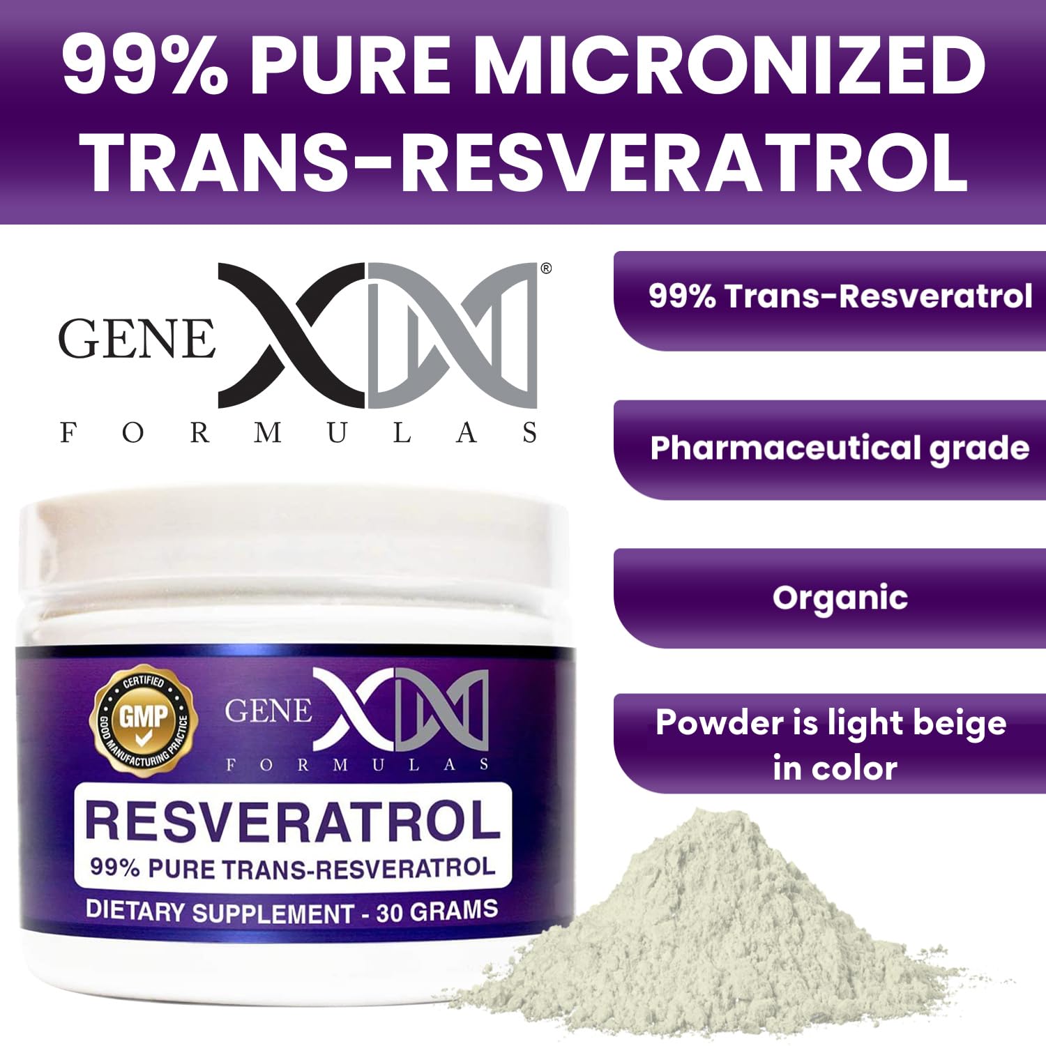 GENEX Trans-Resveratrol 1000mg Powder | 30-Serving Micronized, 99% Pure, GMP & NSF Certified