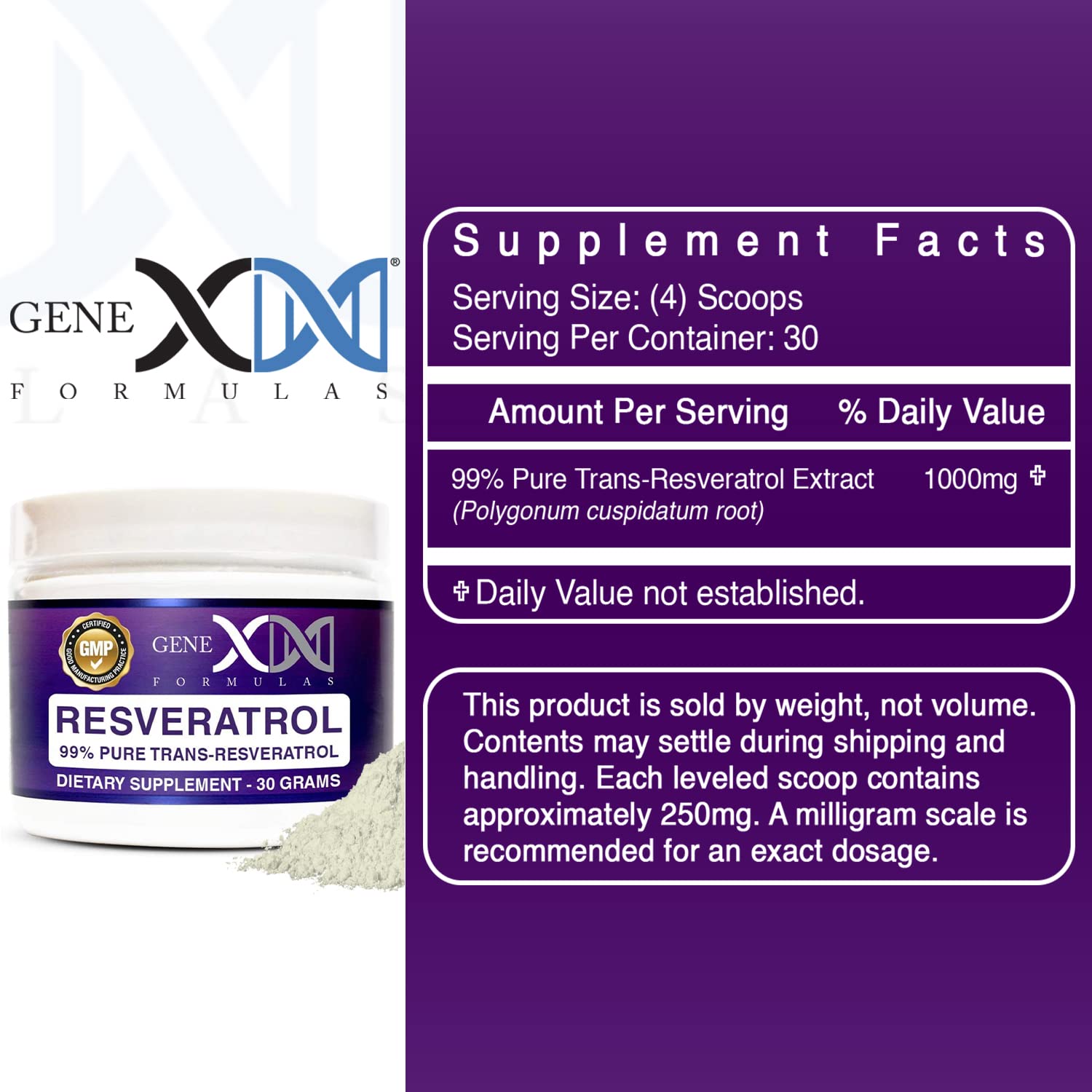 GENEX Trans-Resveratrol 1000mg Powder | 30-Serving Micronized, 99% Pure, GMP & NSF Certified