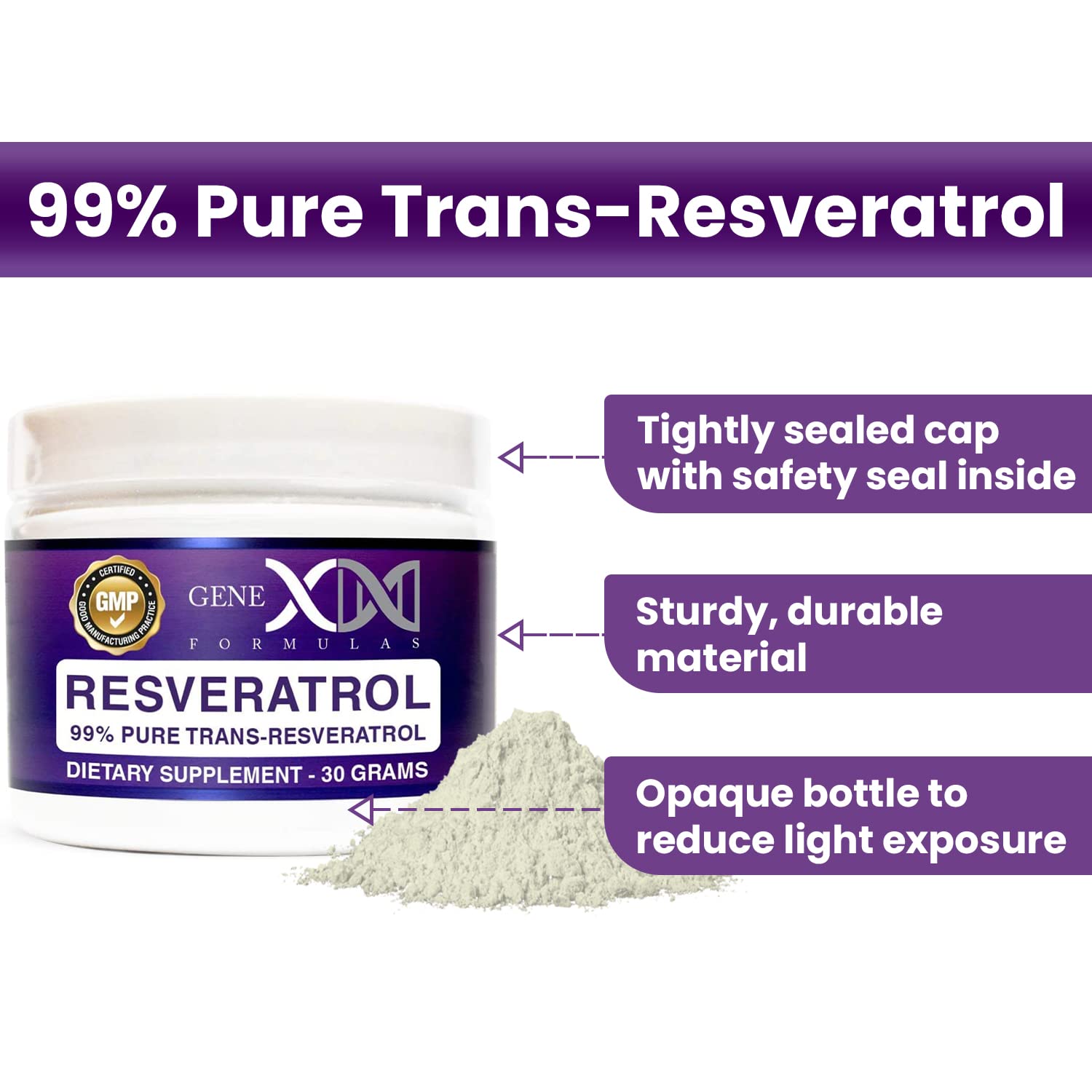 GENEX Trans-Resveratrol 1000mg Powder | 30-Serving Micronized, 99% Pure, GMP & NSF Certified