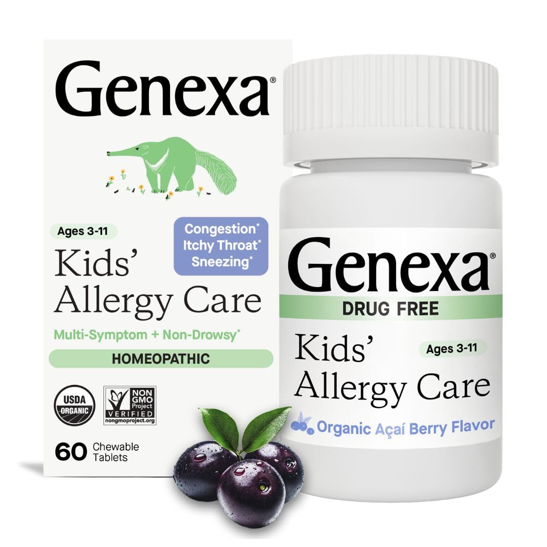 Genexa Kids Allergy Care | Drug-Free, Non-Drowsy Allergy Relief for Kids (Ages 3–11) | Organic Acai Berry Flavor | 60 Chewables