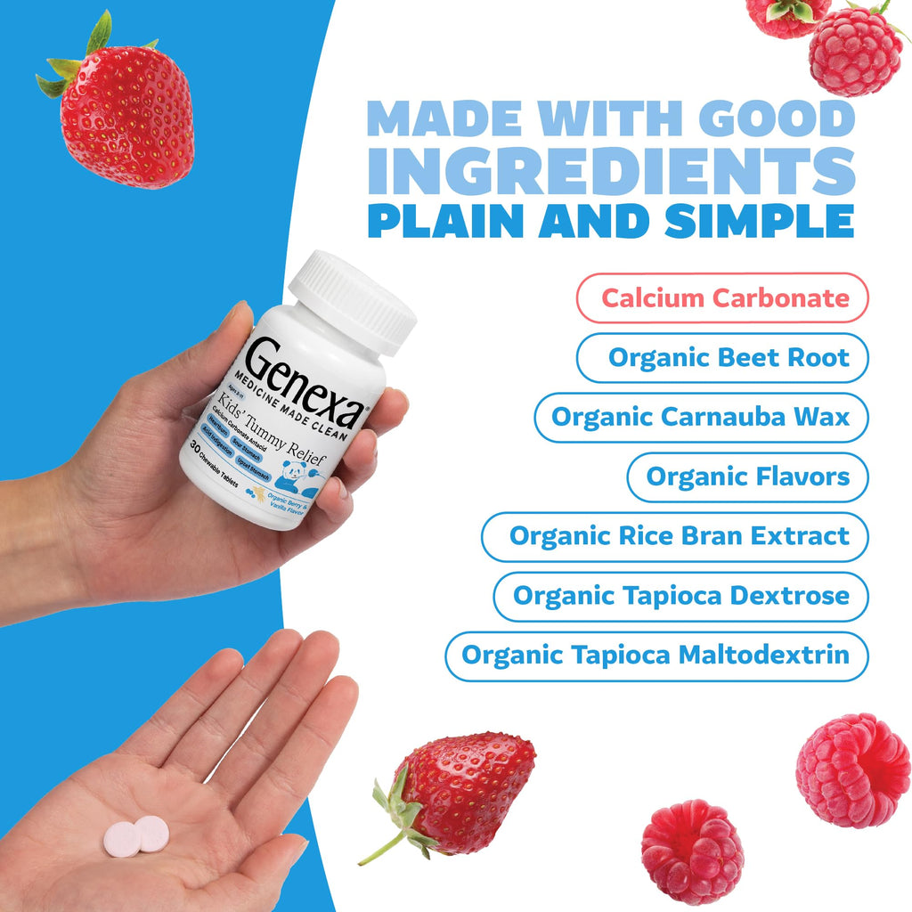 Genexa Kids' Clean Tummy Relief | Dye-Free Berry Chewables for Ages 2-11 | 500 mg Calcium Carbonate