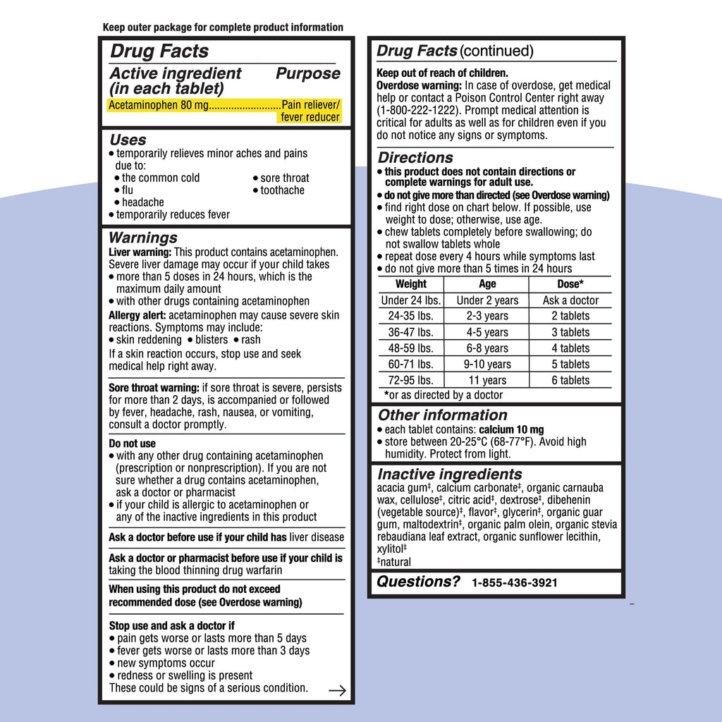 Genexa Kids Pain & Fever Acetaminophen Chewables – Dye-Free, Grape Flavor, 80 mg, 24 ct