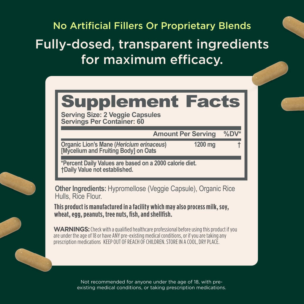 Genius Brand Genius Lion's Mane - Organic Non-GMO Memory & Focus Support - 120 Veggie Capsules
