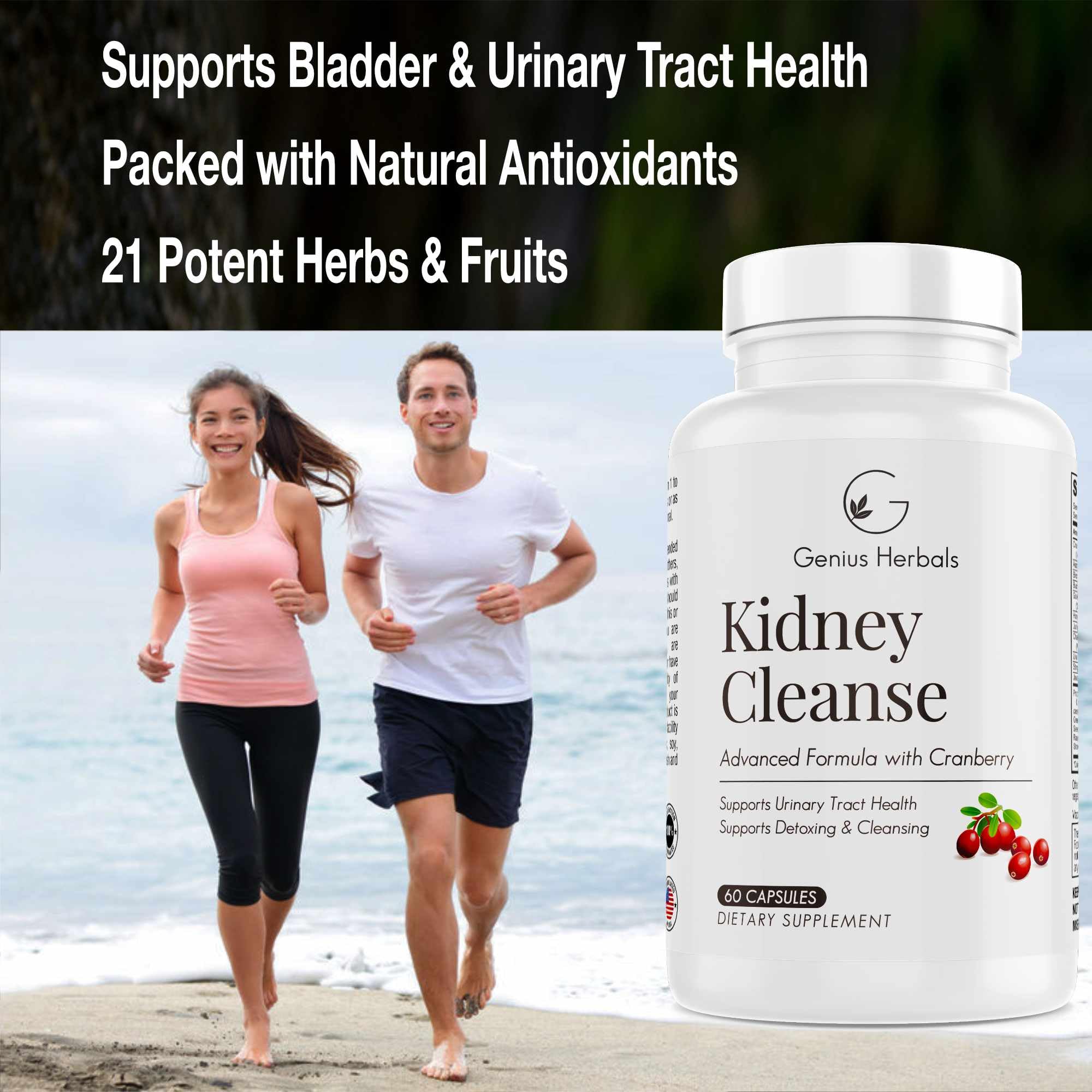 Genius Herbals Kidney Cleanse Advanced Formula with Cranberry Extract - 60 Capsules (Pack of 2)