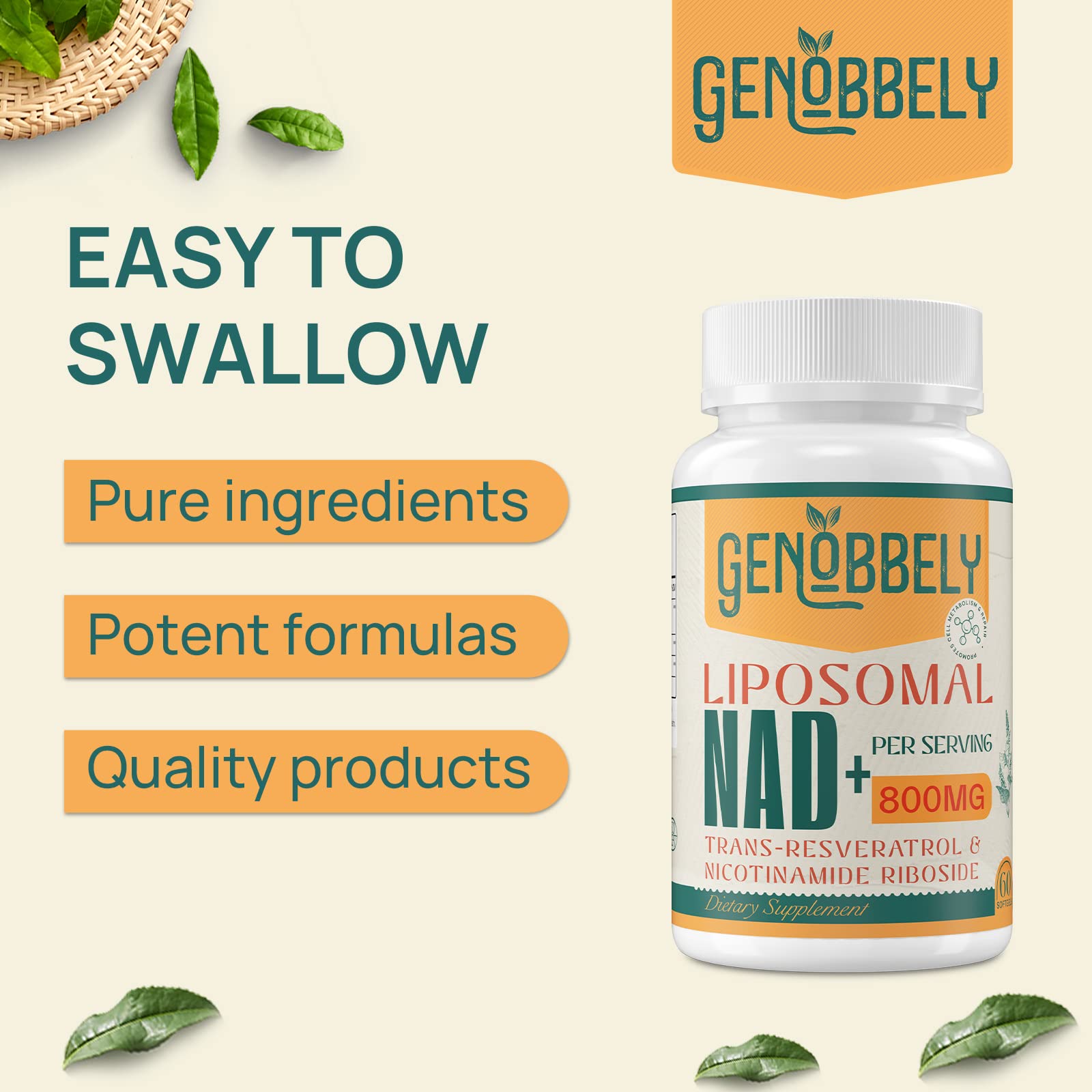 GENOBBELY 800 mg Liposomal NAD+ Supplement - NR 200 mg & Trans-Resveratrol 100 mg - 60-Day Supply