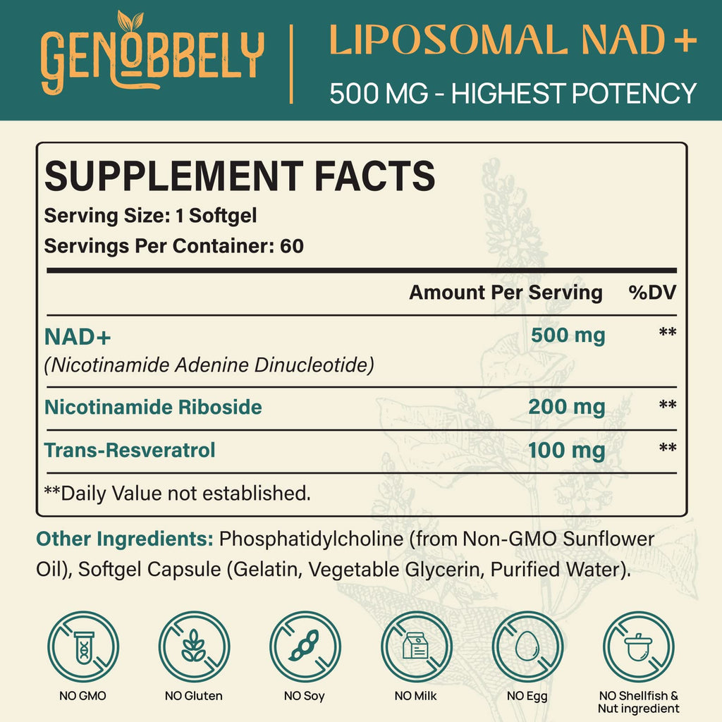 GENOBBELY 800 mg Liposomal NAD+ Supplement - NR 200 mg & Trans-Resveratrol 100 mg - 60-Day Supply