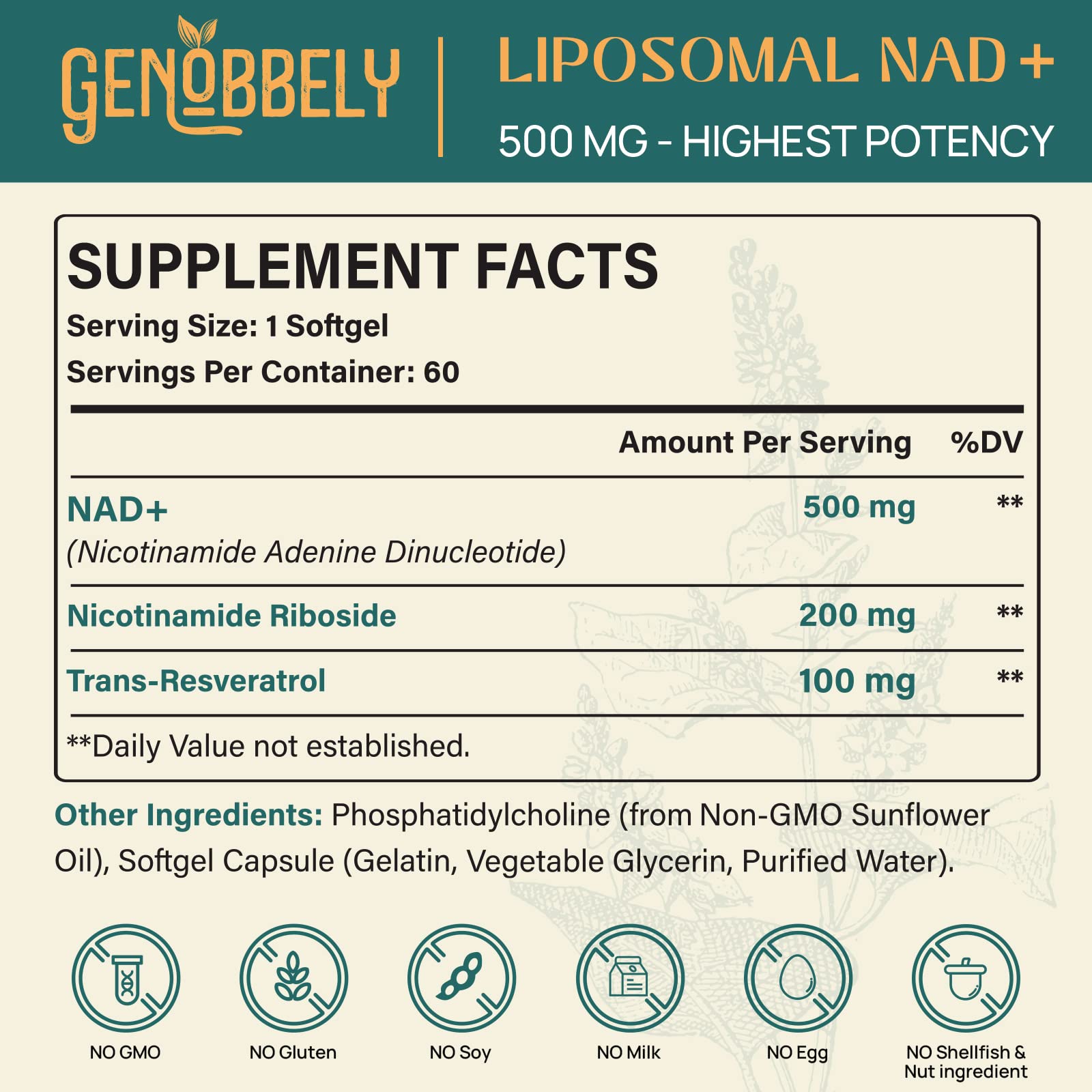GENOBBELY 800 mg Liposomal NAD+ Supplement - NR 200 mg & Trans-Resveratrol 100 mg - 60-Day Supply