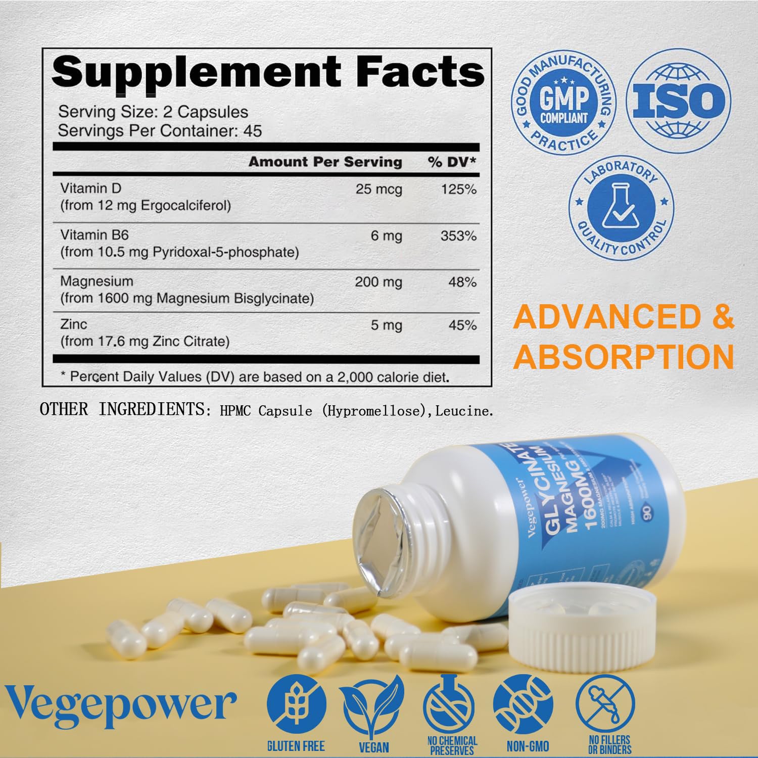 Magnesium Glycinate Capsules 200mg | Chelated Mg Bisglycinate + Vitamin D3, B6 & Zinc | Vegan 180 VegCaps